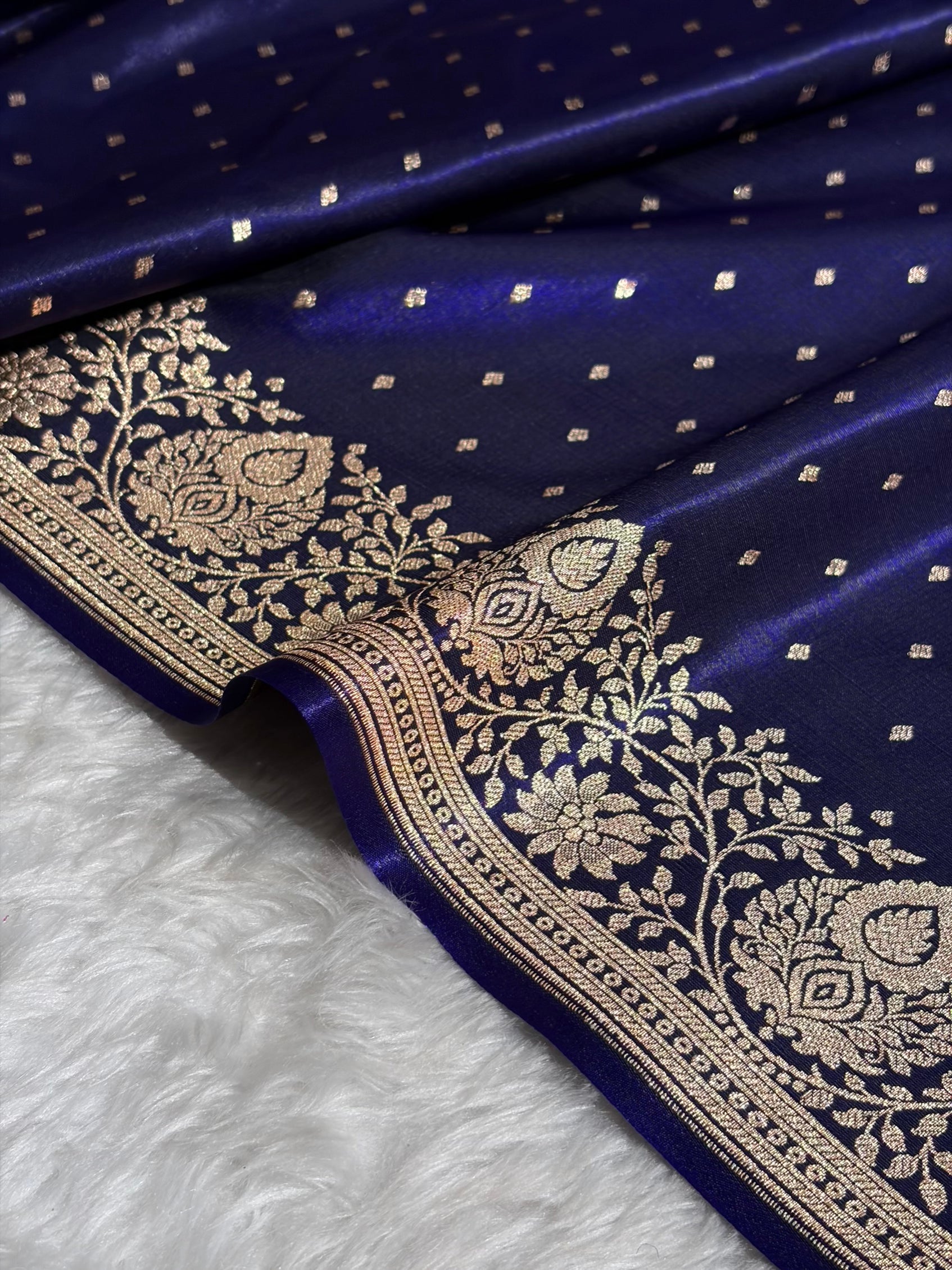 Satin Silk Saree Floral Boota in Royal Blue Shades SS28