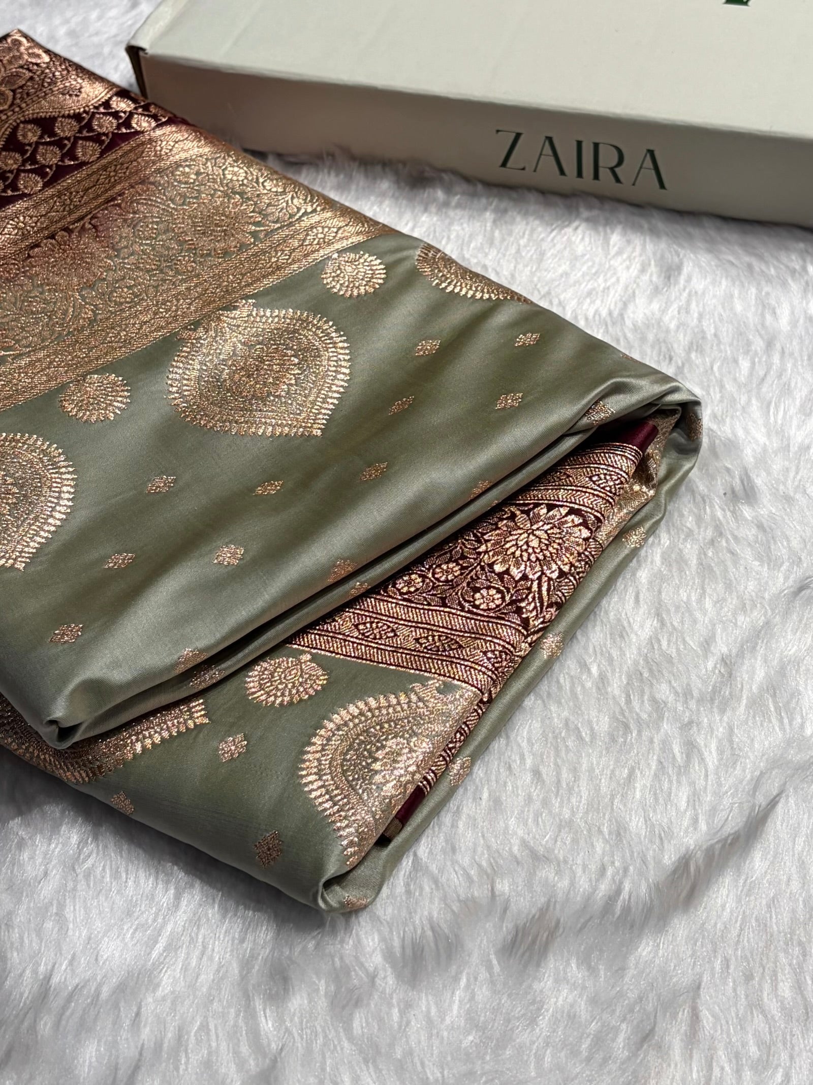 Pista with Chocolate Booti Satin Katan Silk saree SK29