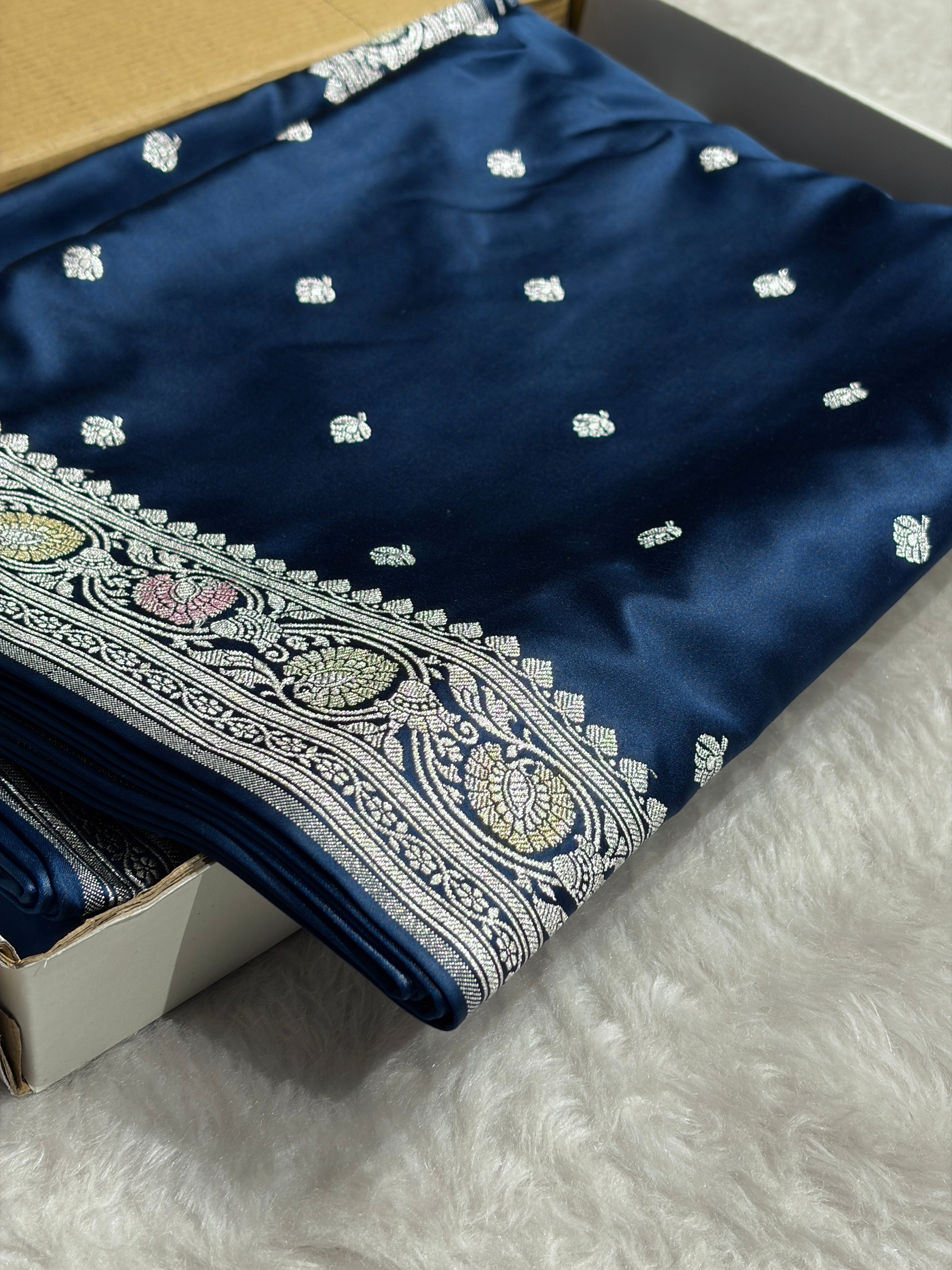 Banarasi Dark German Blue Booti Mashru Silk Saree MS10