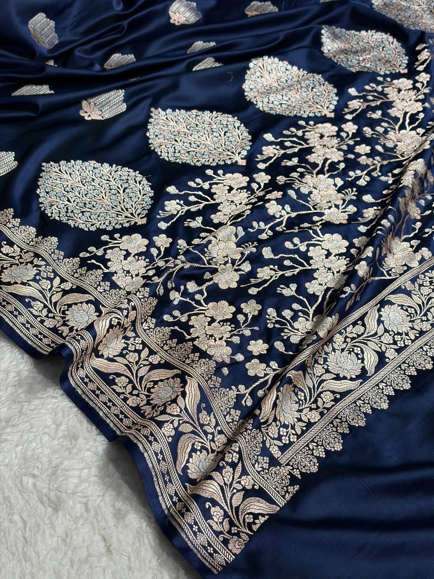 German Blue Shades Banarasi Boota Pattern Minakari Floral Mashru Silk Saree MSM-122