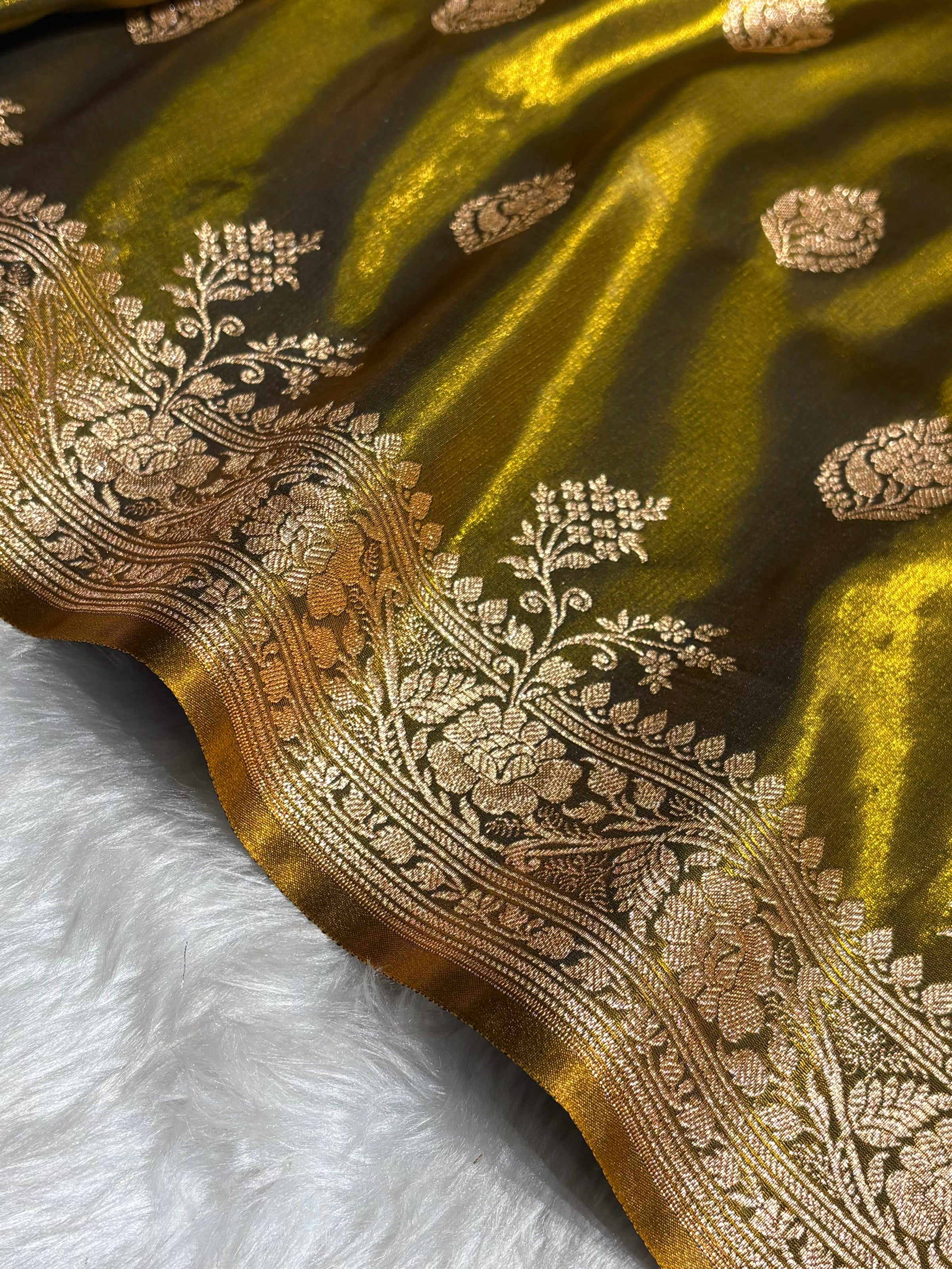 Satin Silk Saree Booti Motif in Mehendi Shades SS20