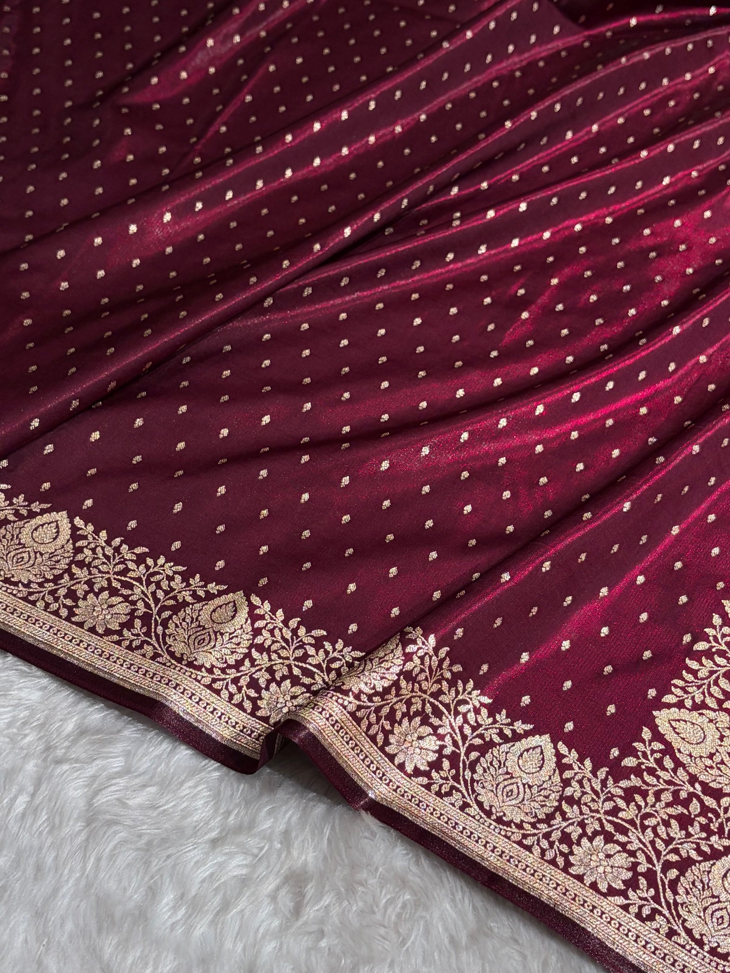 Satin Silk Saree Floral Boota in Garnet Shades SS28