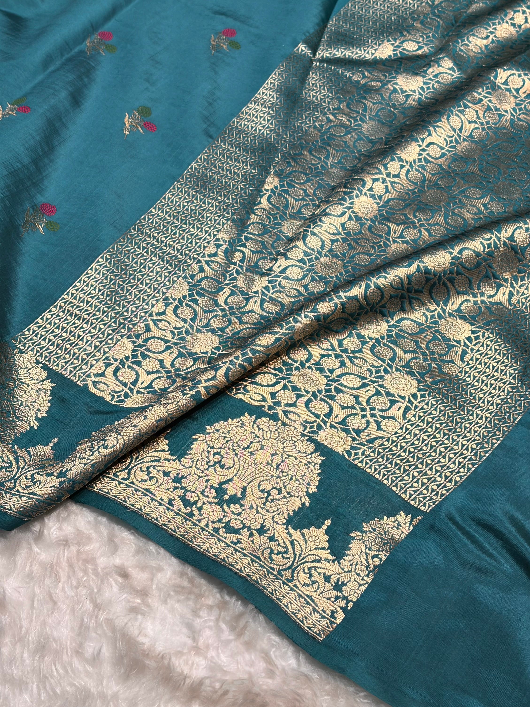 Peacock Blue Shades Minakari Handwoven Pure Raw Mango Silk RM-54