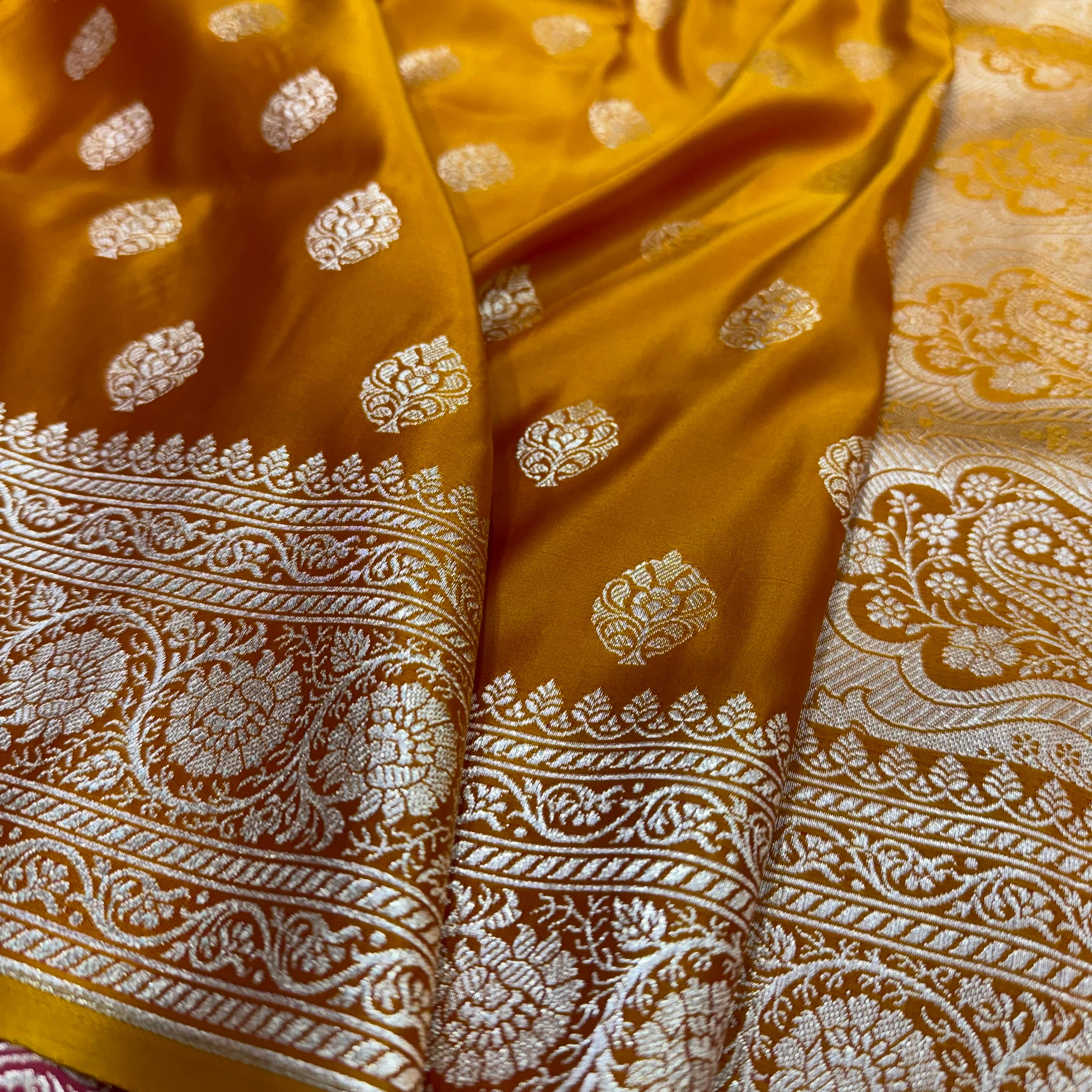 Boota Katan Silk Saree In Mustard Gold Shades SK02