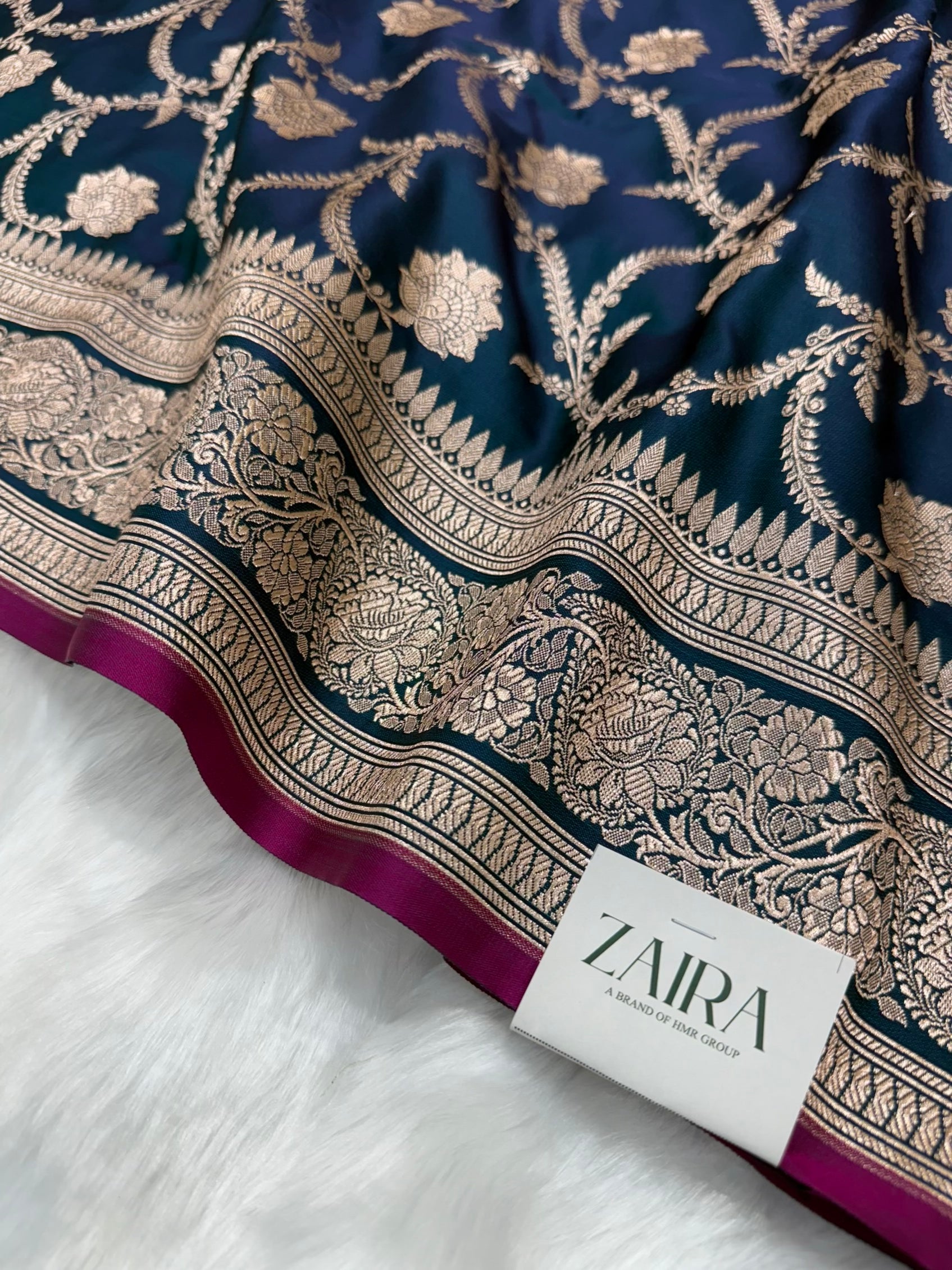 German Blue Jaal Pattern Mashru Silk Saree