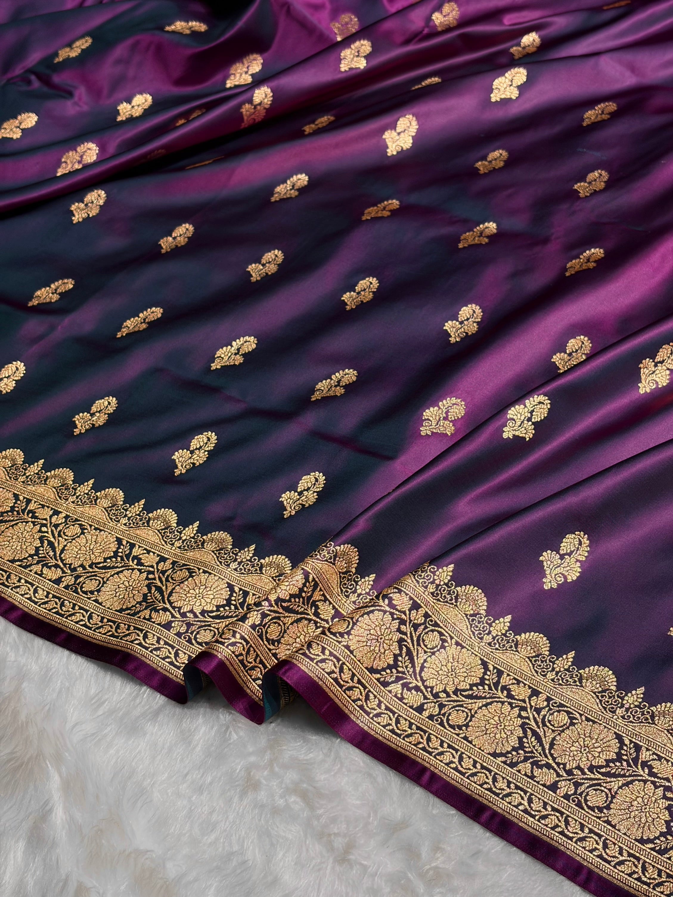 Wine Shades Floral Booti Motif Satin Katan Silk saree SK61