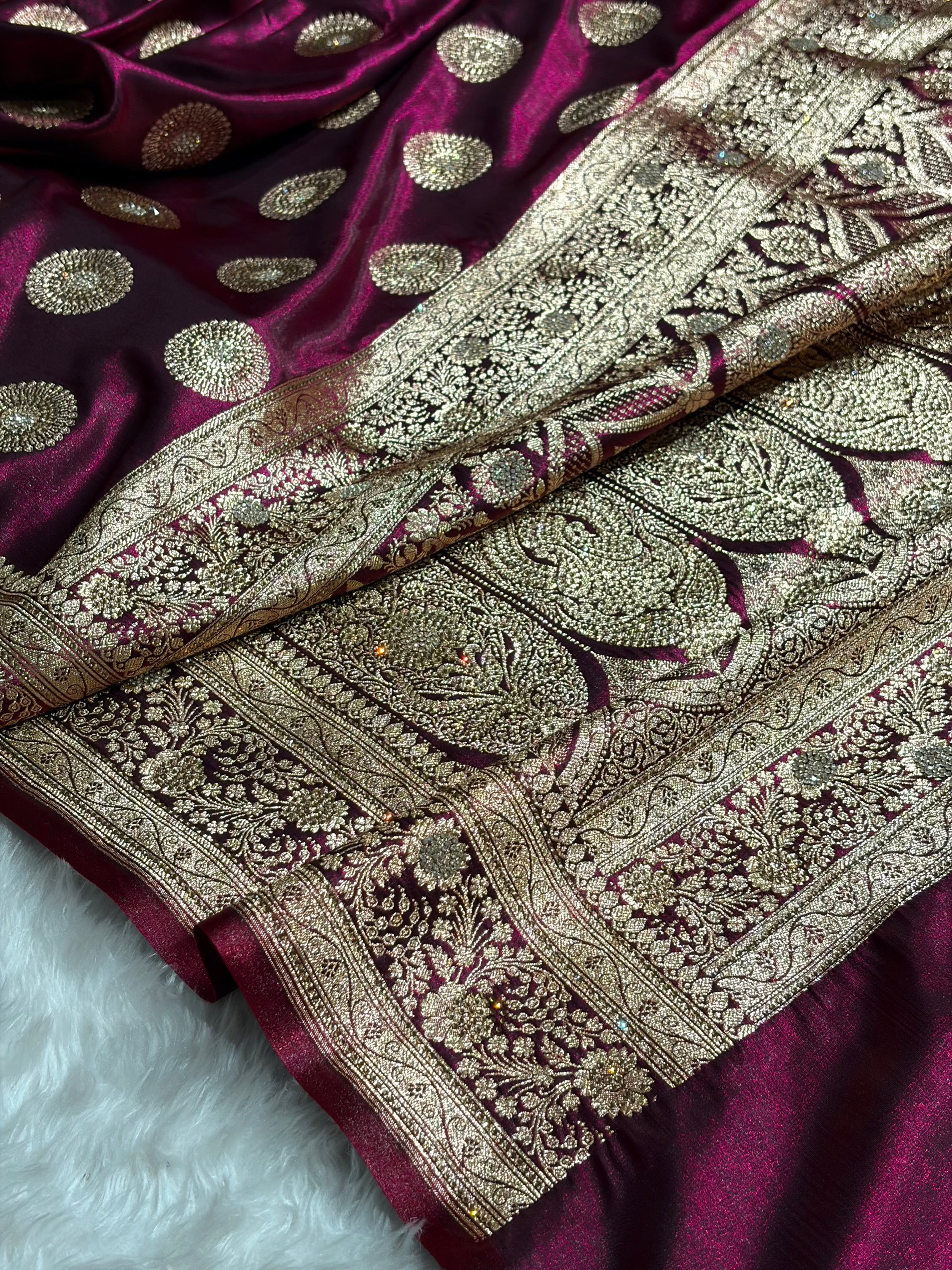 Wine Shades Banarasi With Swarovski Stone Work Satin Silk Saree BSS33