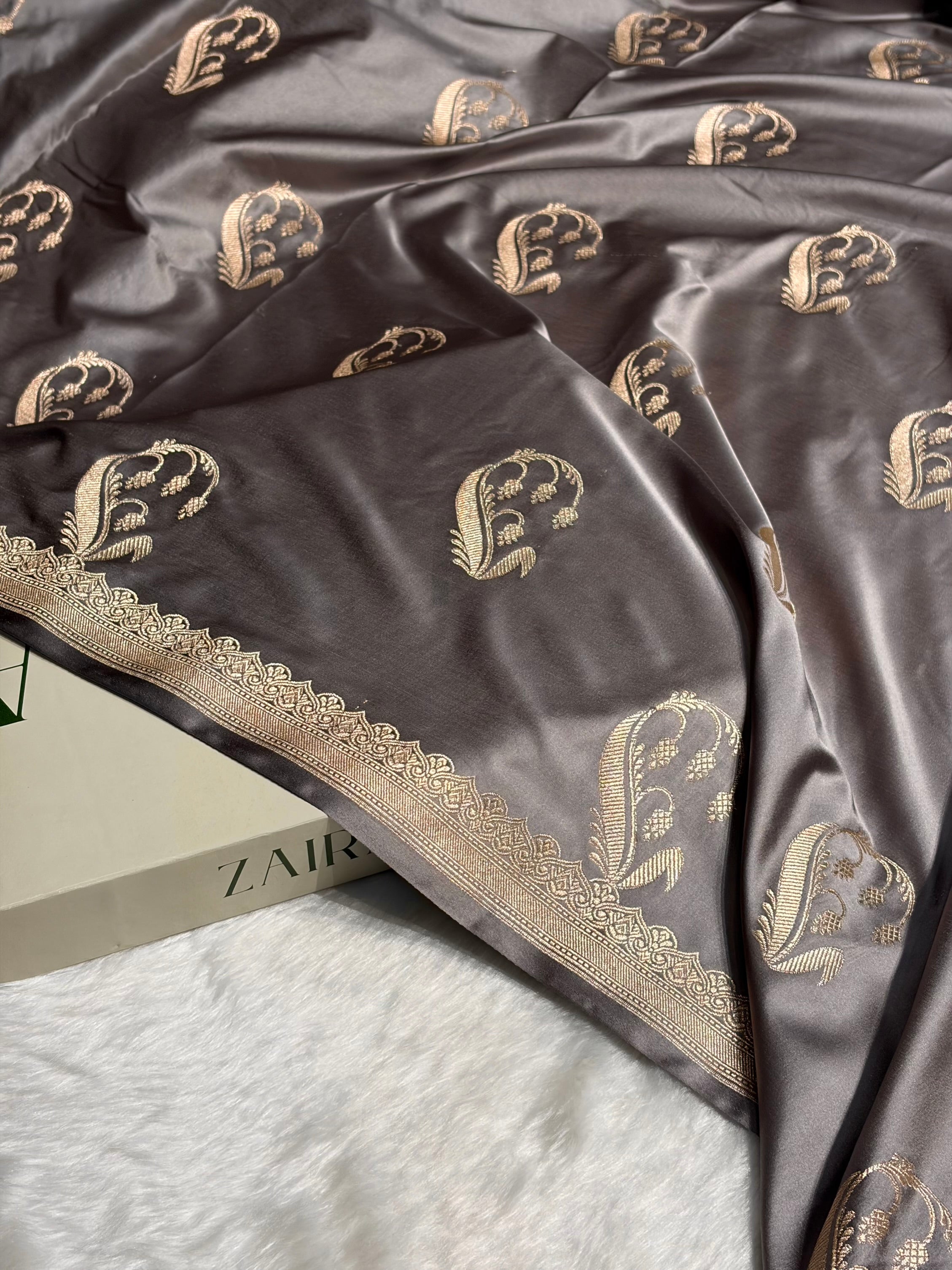 Dusty Gray Shades Unique Boota Motif Mashru Silk Saree MS12