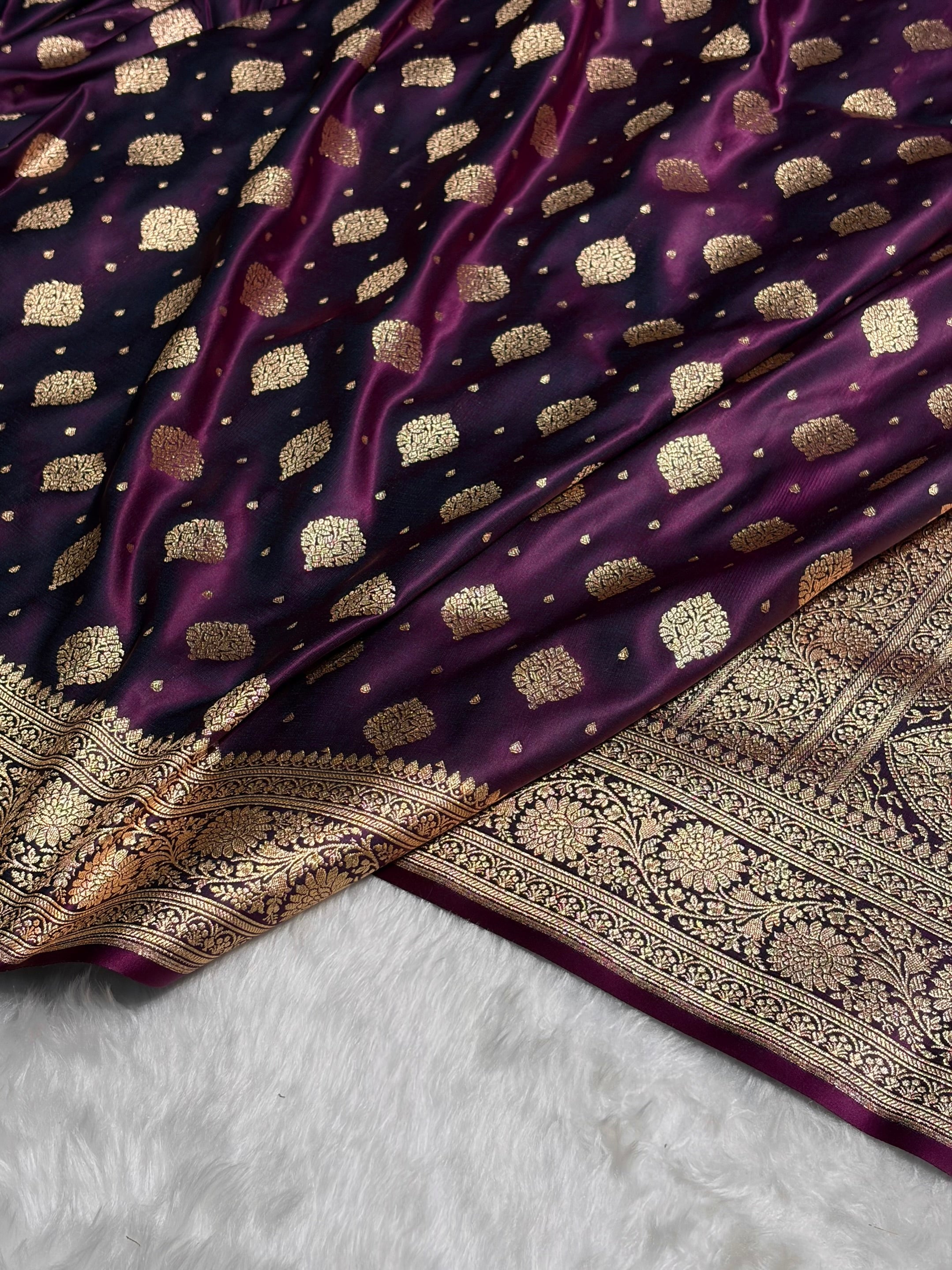 Wine Unique Boota Pattern Satin Katan Silk Saree SK69