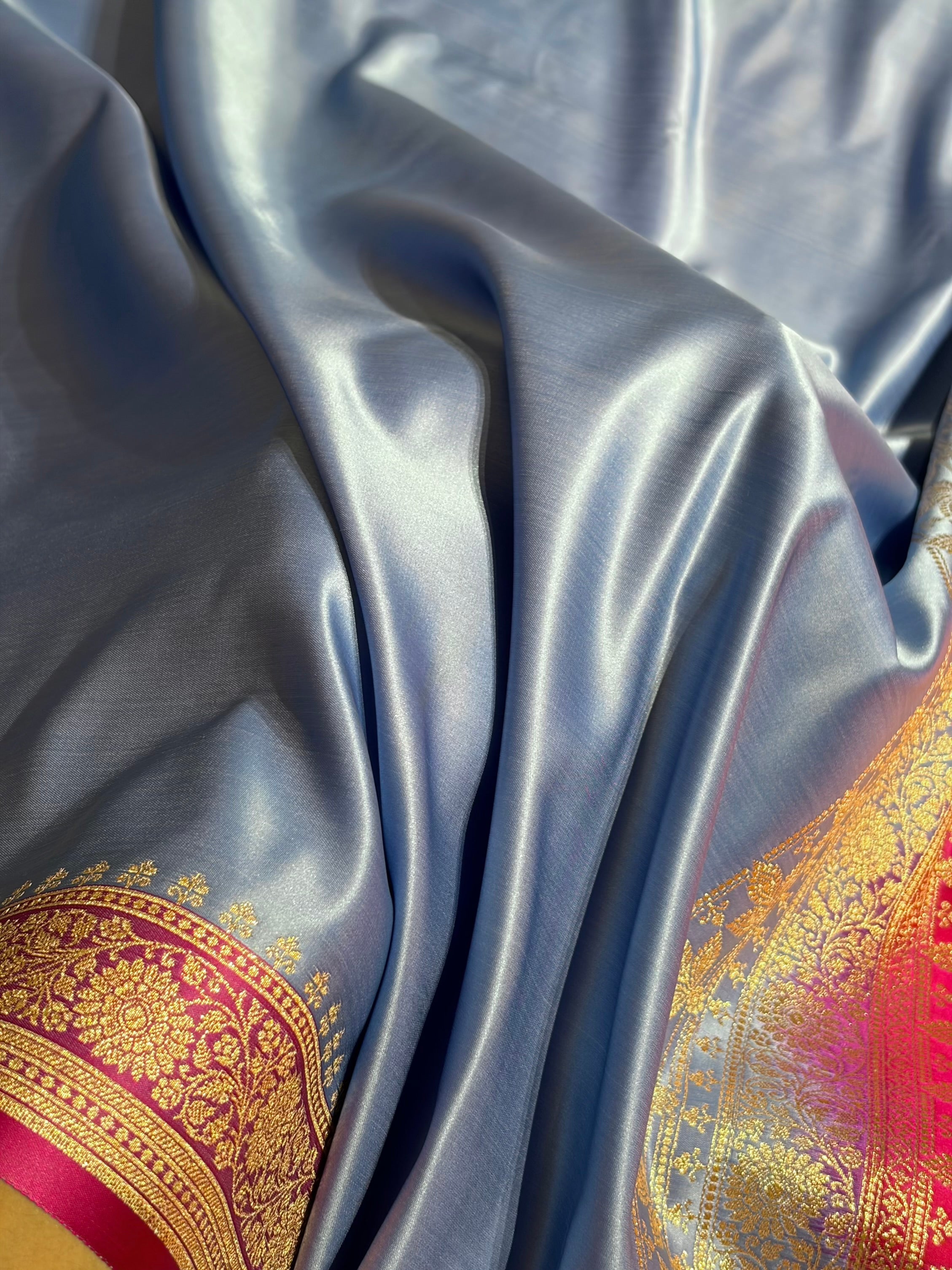Banarasi Satin Katan Saree in Contrast Sky Blue and Rani Shades SK131