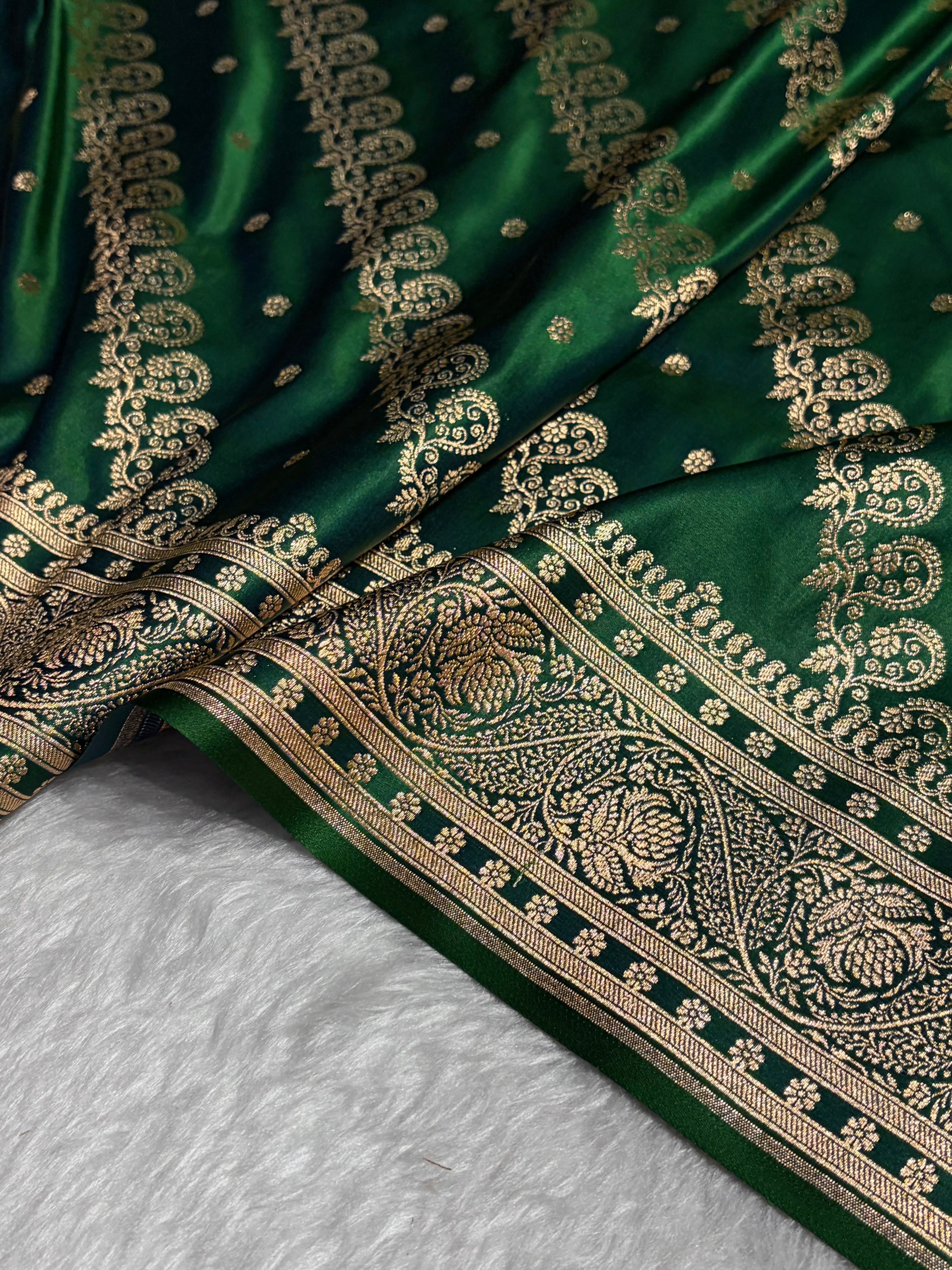 Cross Green Shades Cross Floral Pattern Satin Katan Silk Saree SK79
