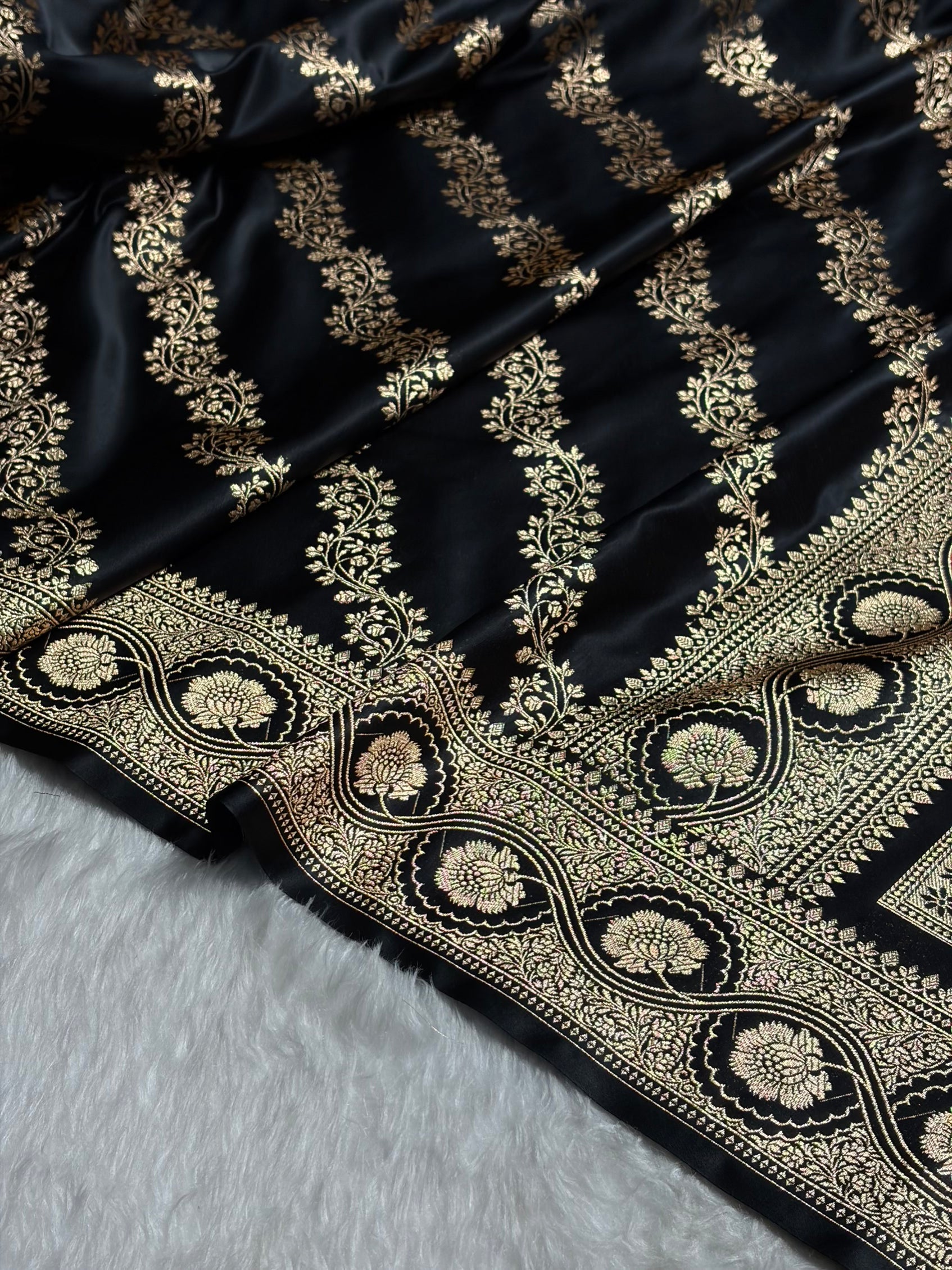 Black Floral Cross Pattern Satin Katan Silk Saree SK74