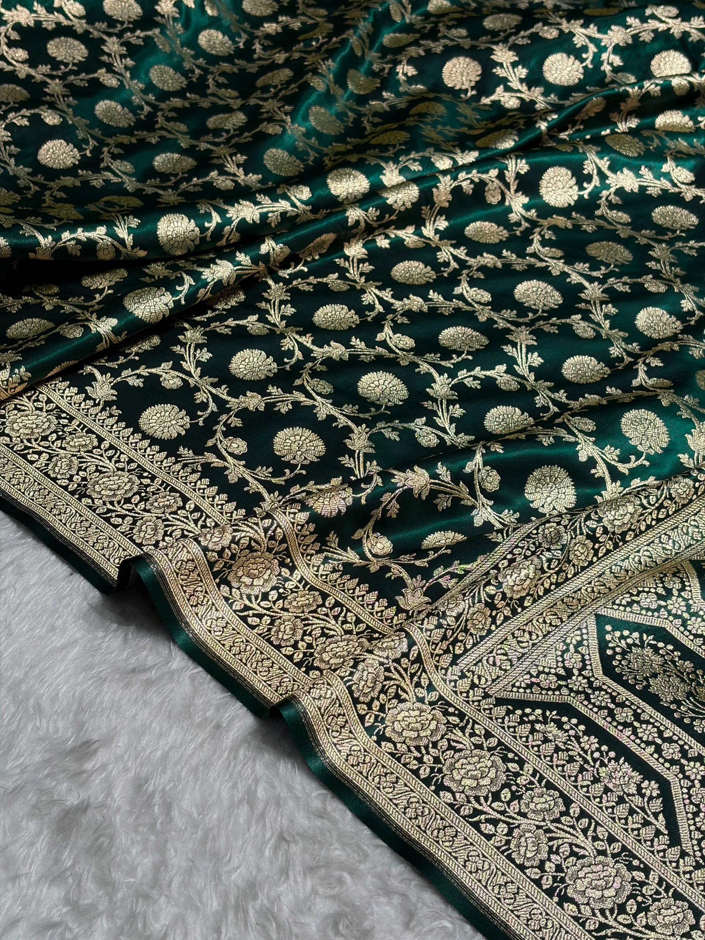 Banarasi Light Weight Dark Bottle Green shades Satin Silk Saree SS15