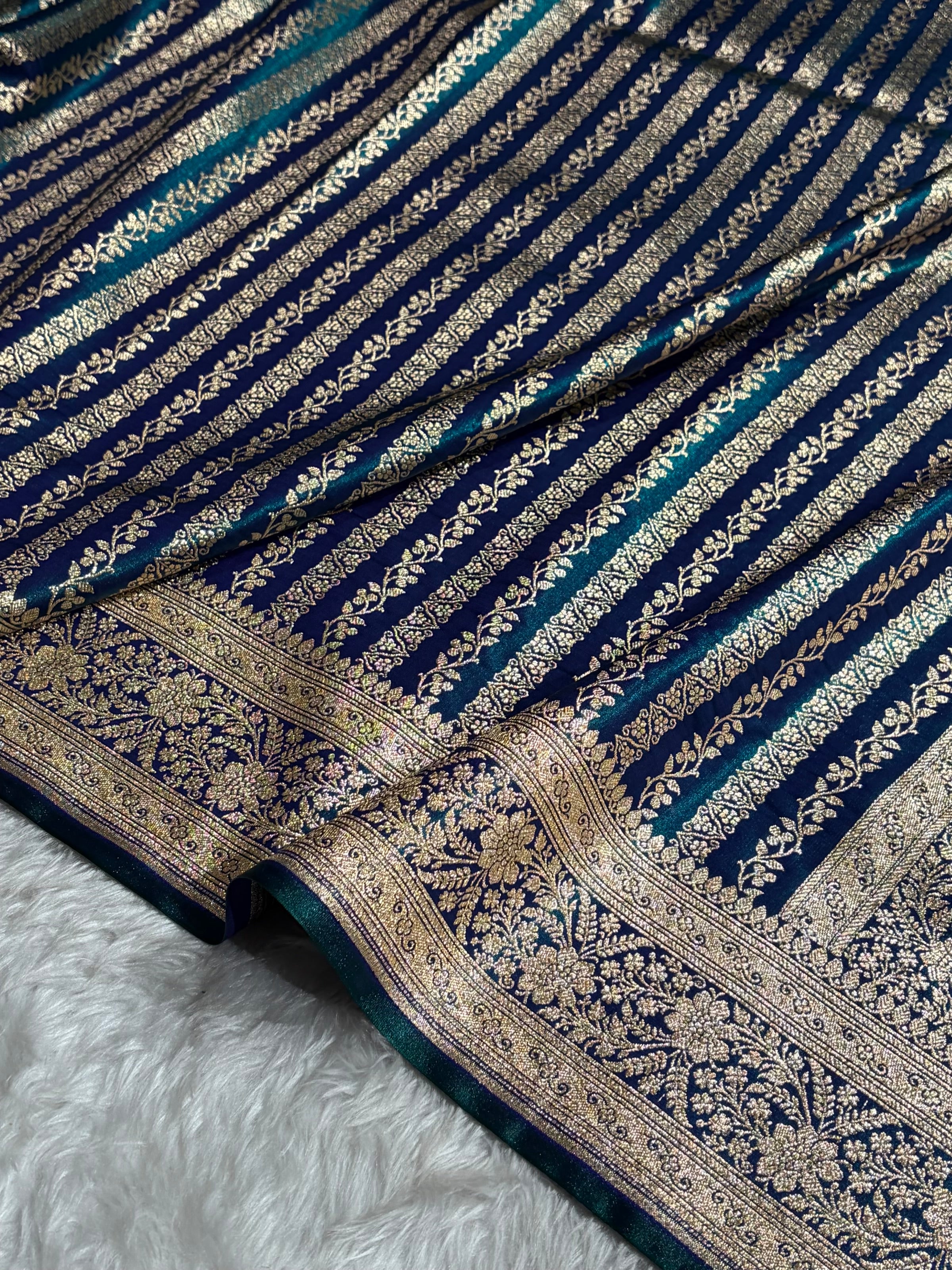 Peacock Shades Stripe Pattern Banarasi Satin Silk Saree SS46