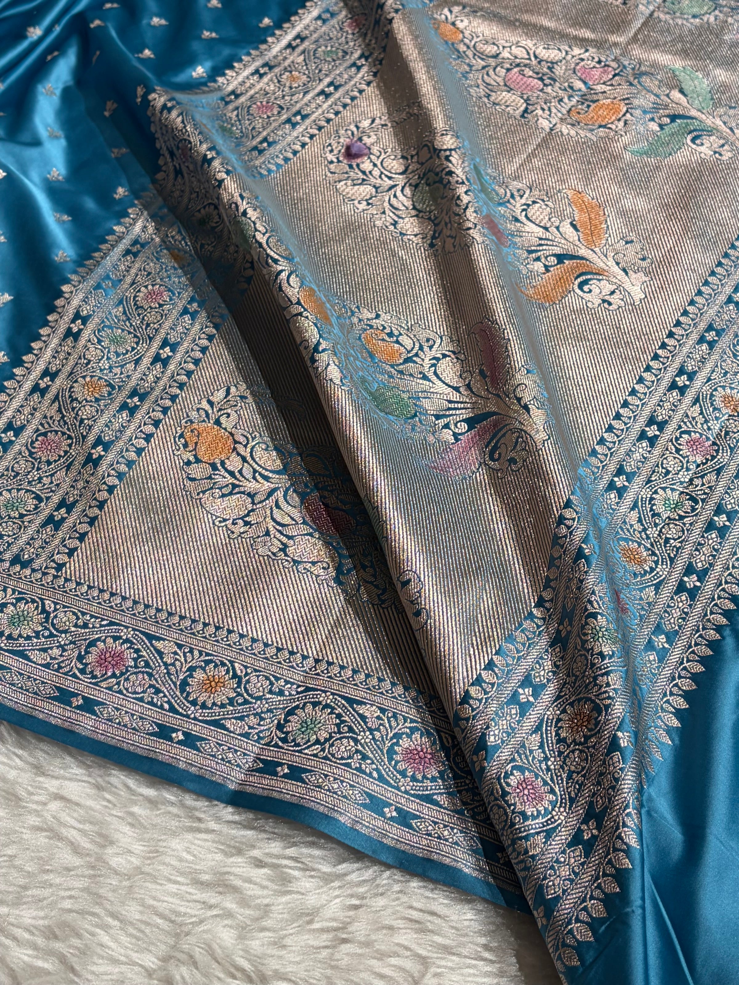 Banarasi Firozi Shades Minakari Booti Mashru Silk Saree MCS72