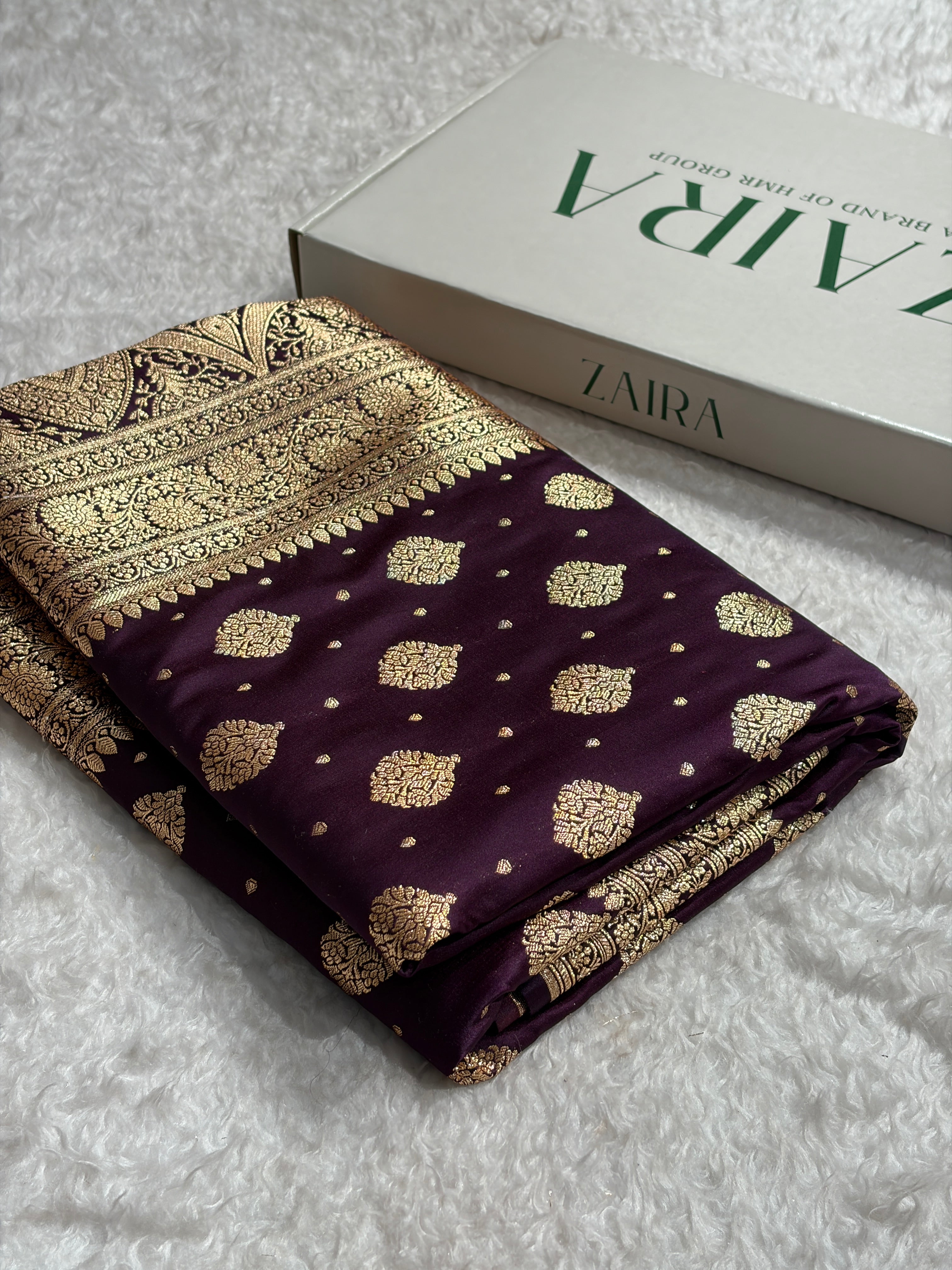Cross Dark Wine Unique Boota Pattern Satin Katan Silk Saree SK69