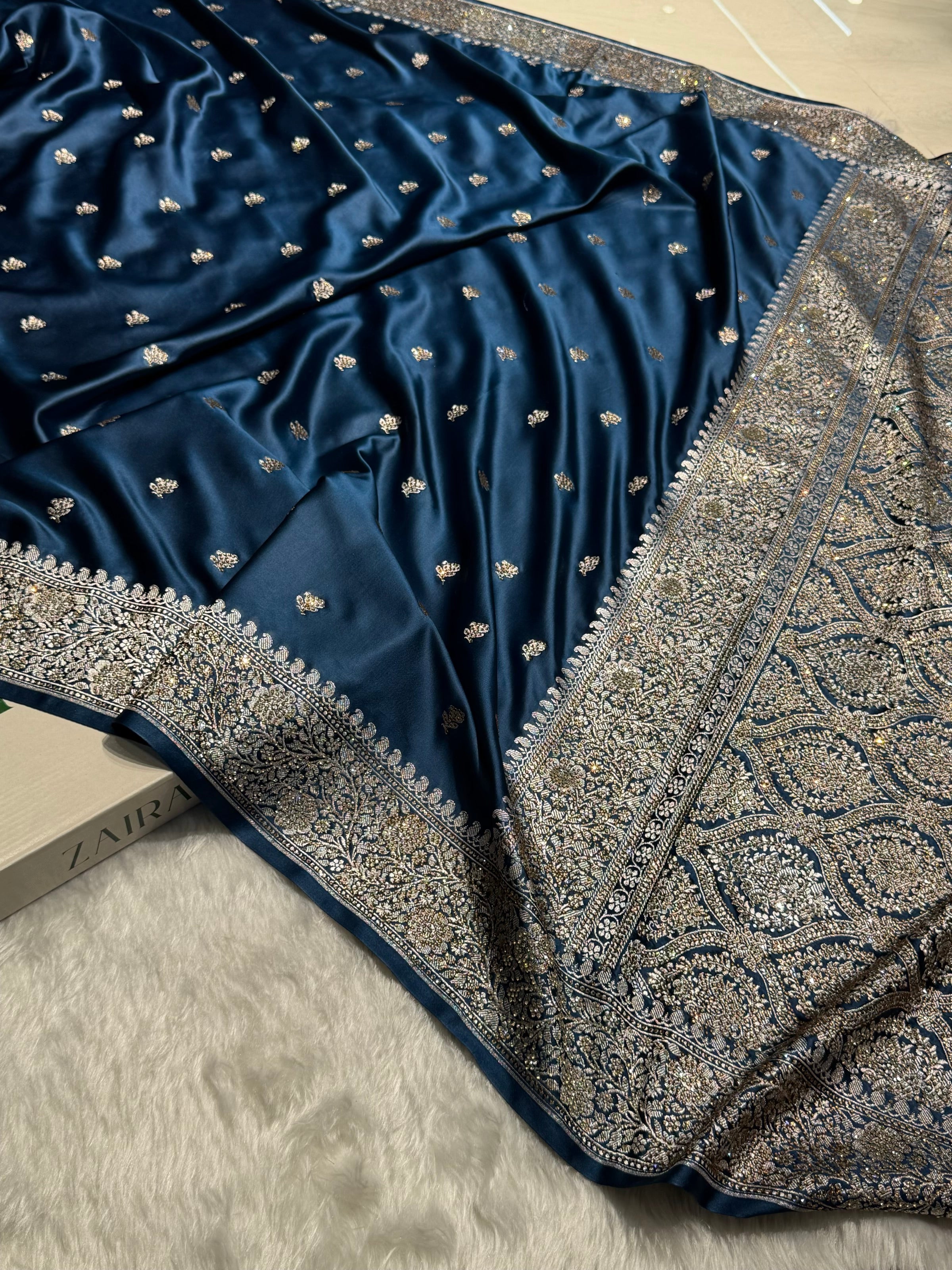German Blue With Swarovski Work Booti Mashru Silk Saree BMS40