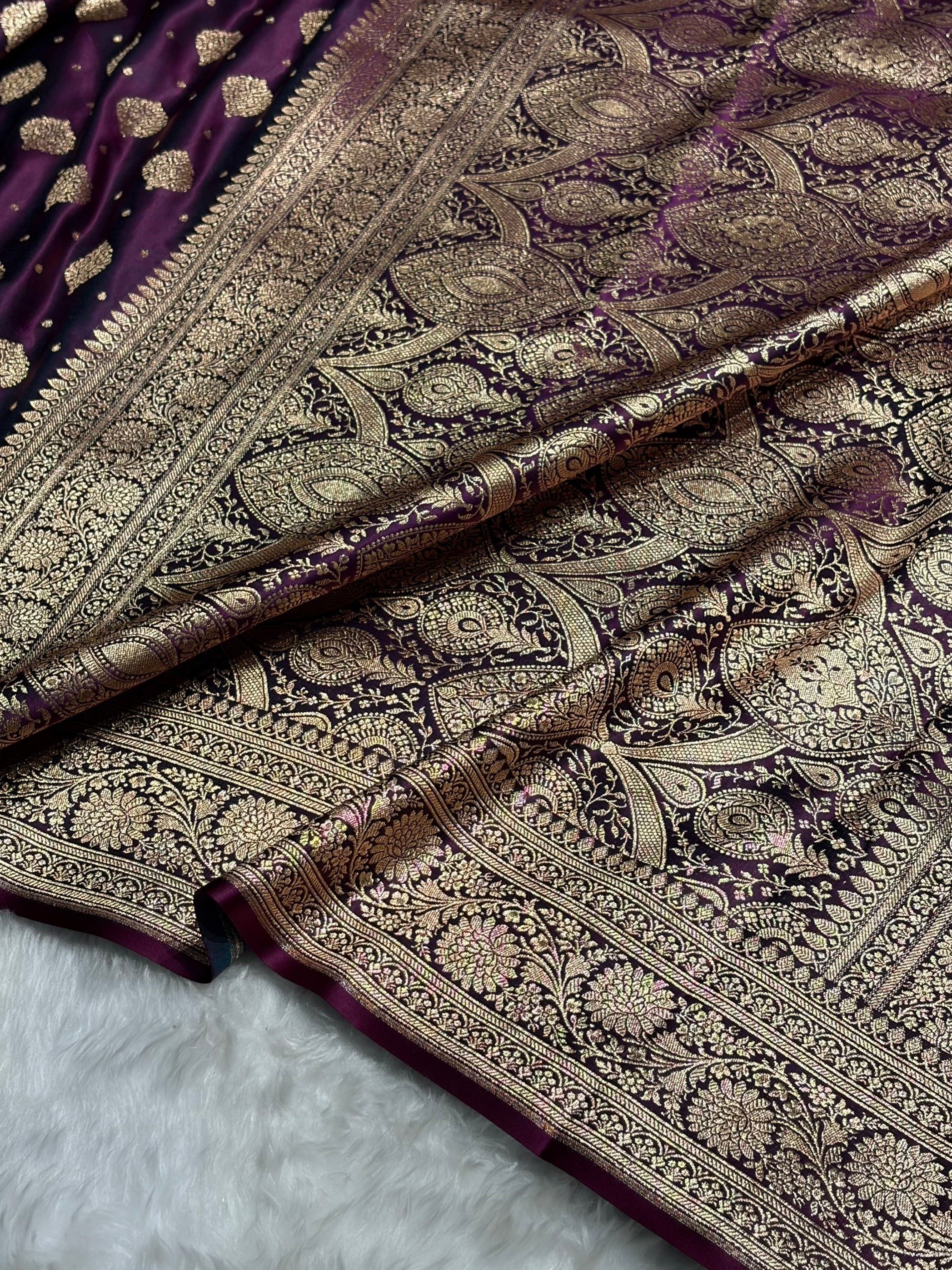 Wine Unique Boota Pattern Satin Katan Silk Saree SK69