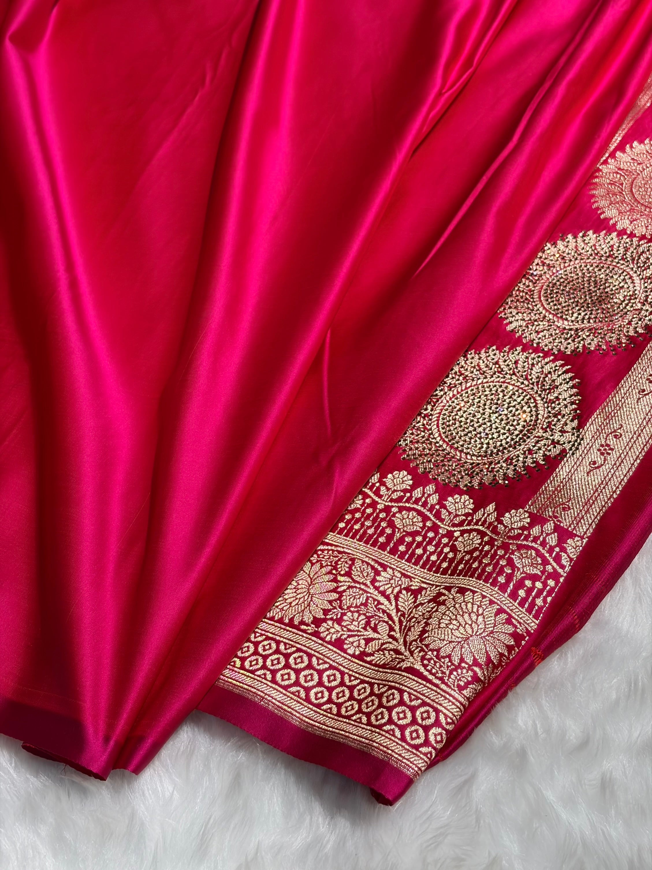 Baby Pink with Wine shades Swarovski Work Booti Satin Katan Silk saree BSK36