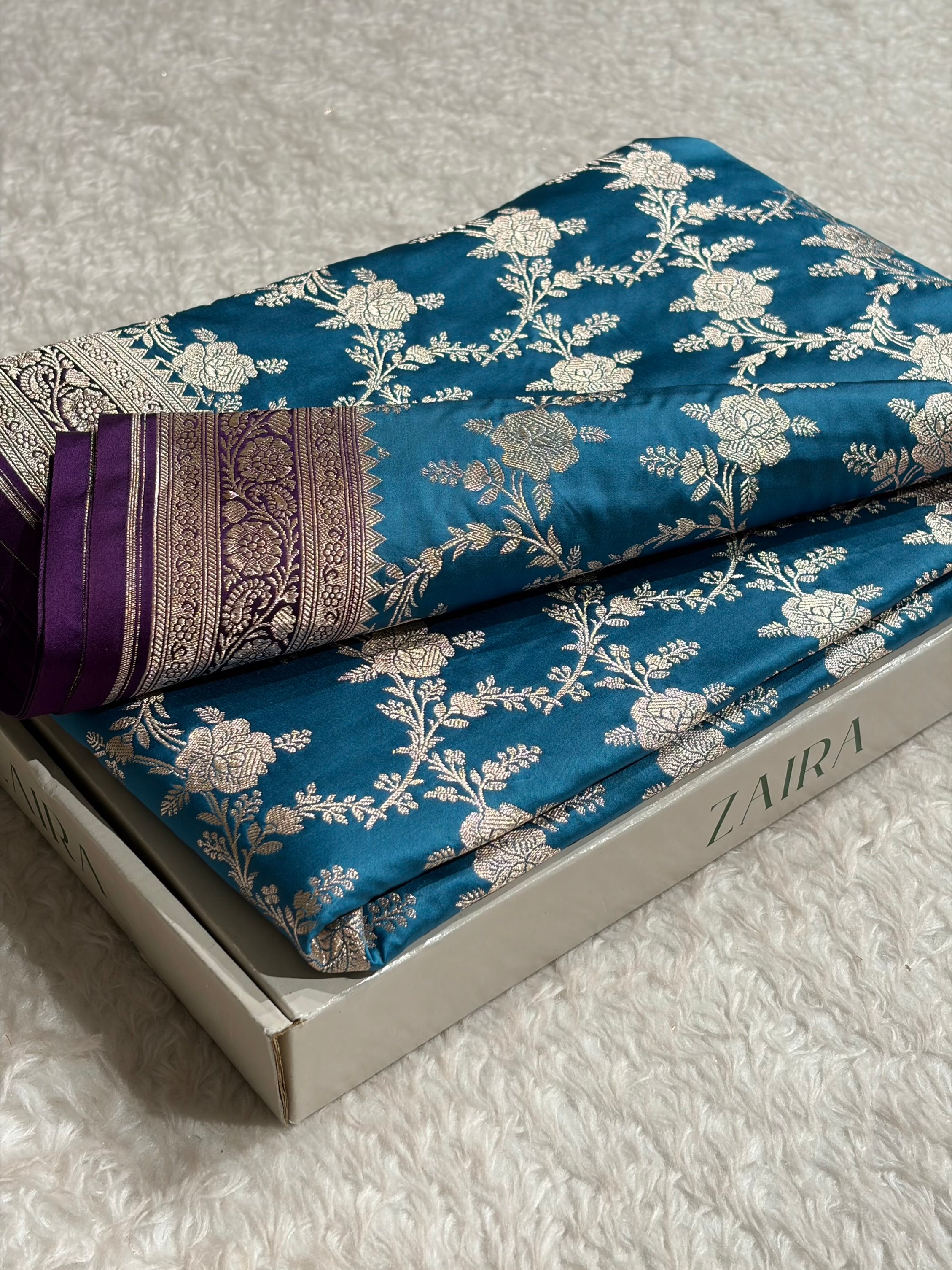 Contrast Firozi With Purple Floral Jaal Mashru Silk Saree MS28