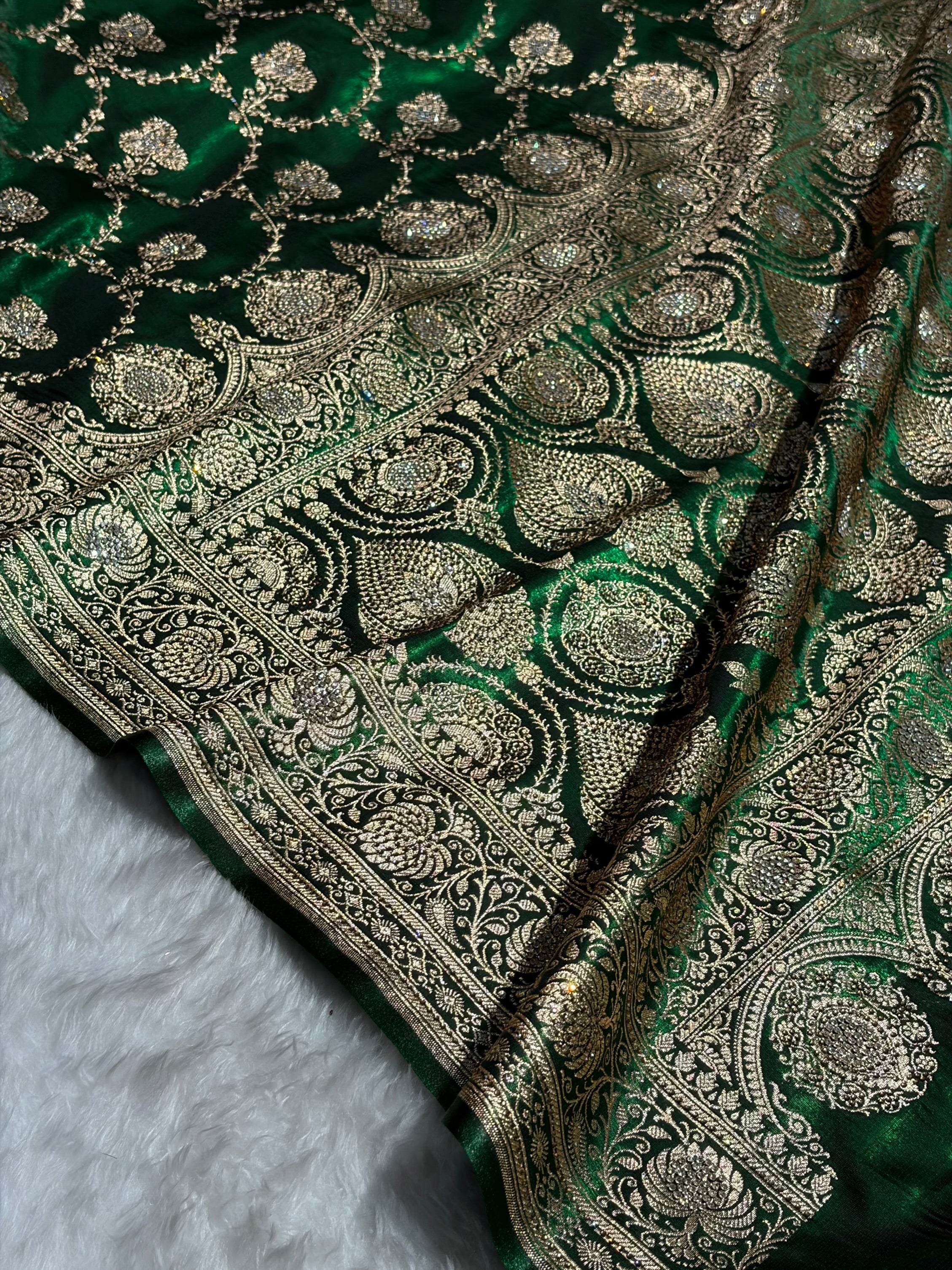 Satin Silk Saree Banarasi Swarovski Work Jaal in Bottle Green Shades BSS23 (R)