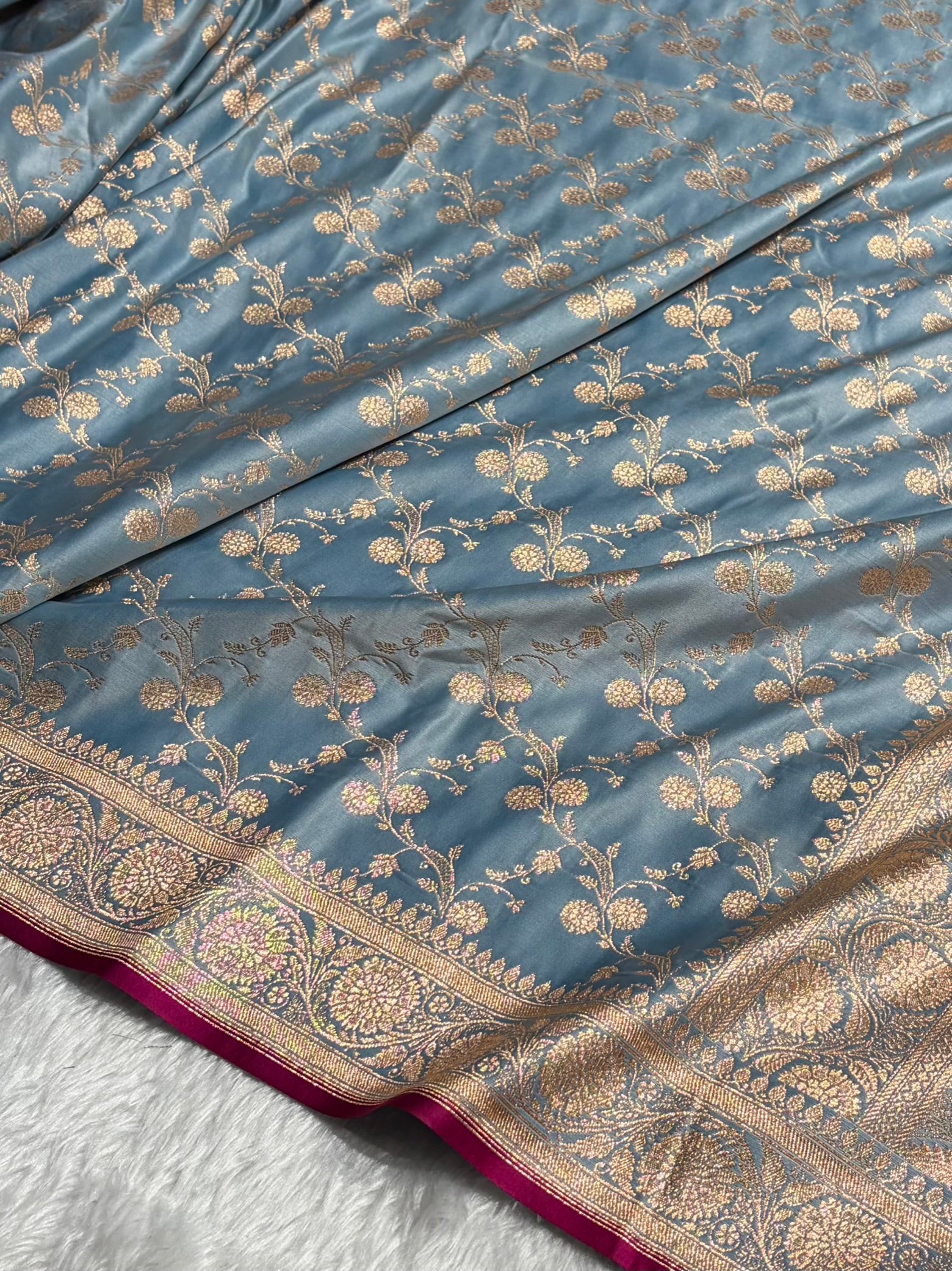 Banarasi Pastel German Blue Shades Cross Satin Katan Silk Saree SK17