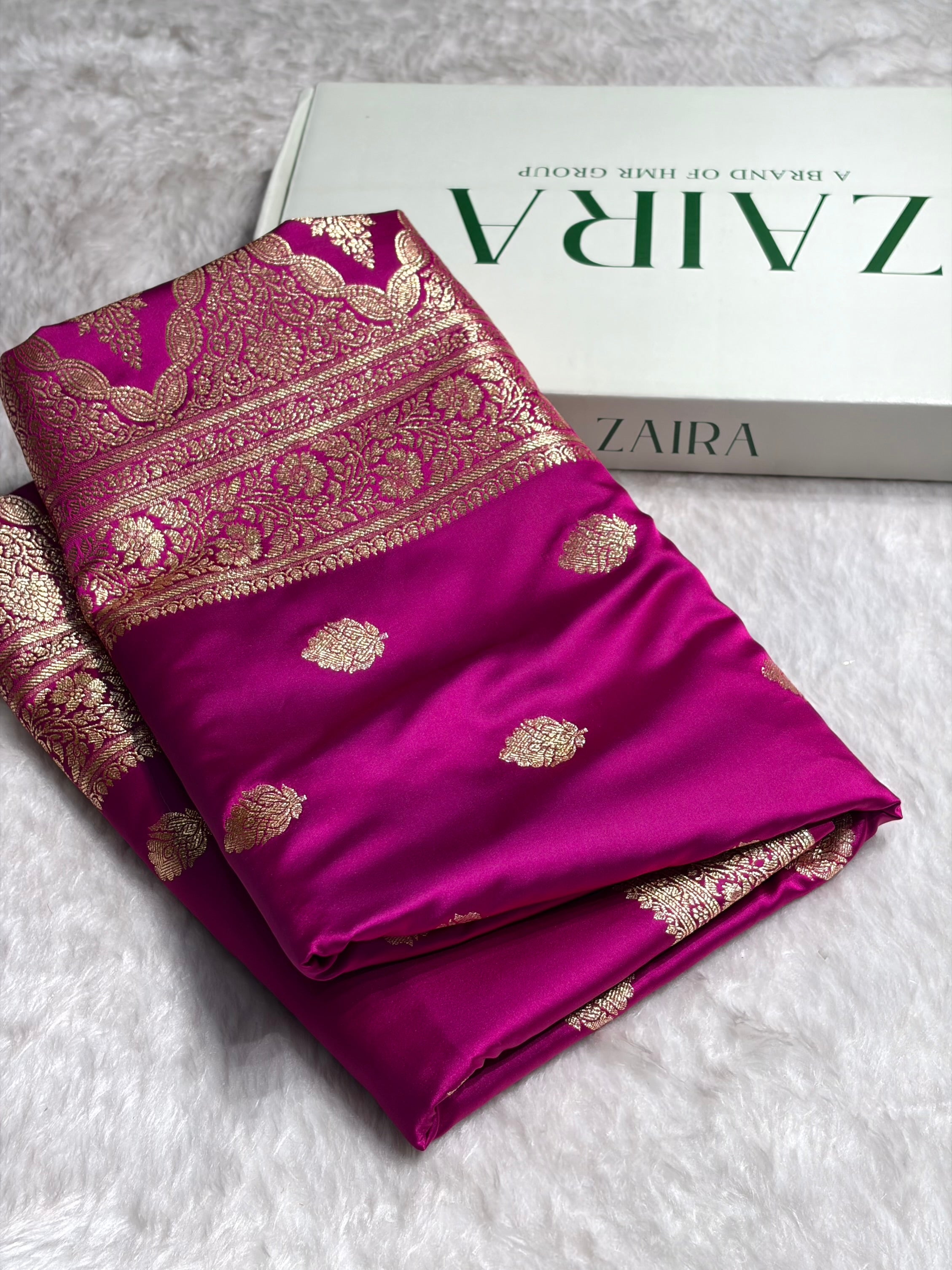 Cross Magenta Booti Pattern Satin Katan Silk Saree SK65