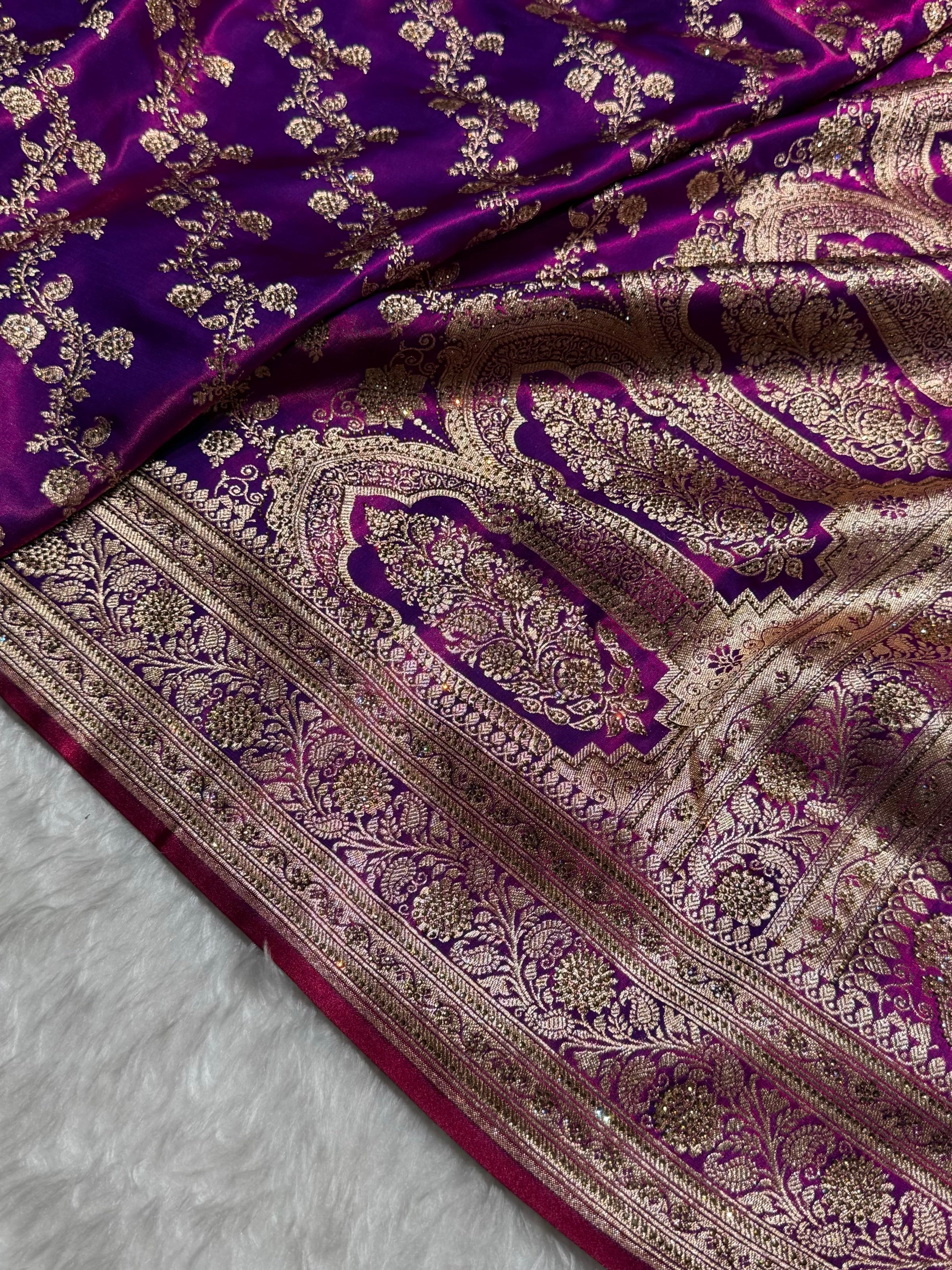 Cross Purple Shades Banarasi Cross Jaal With Stone Work Satin Silk Saree BSS11
