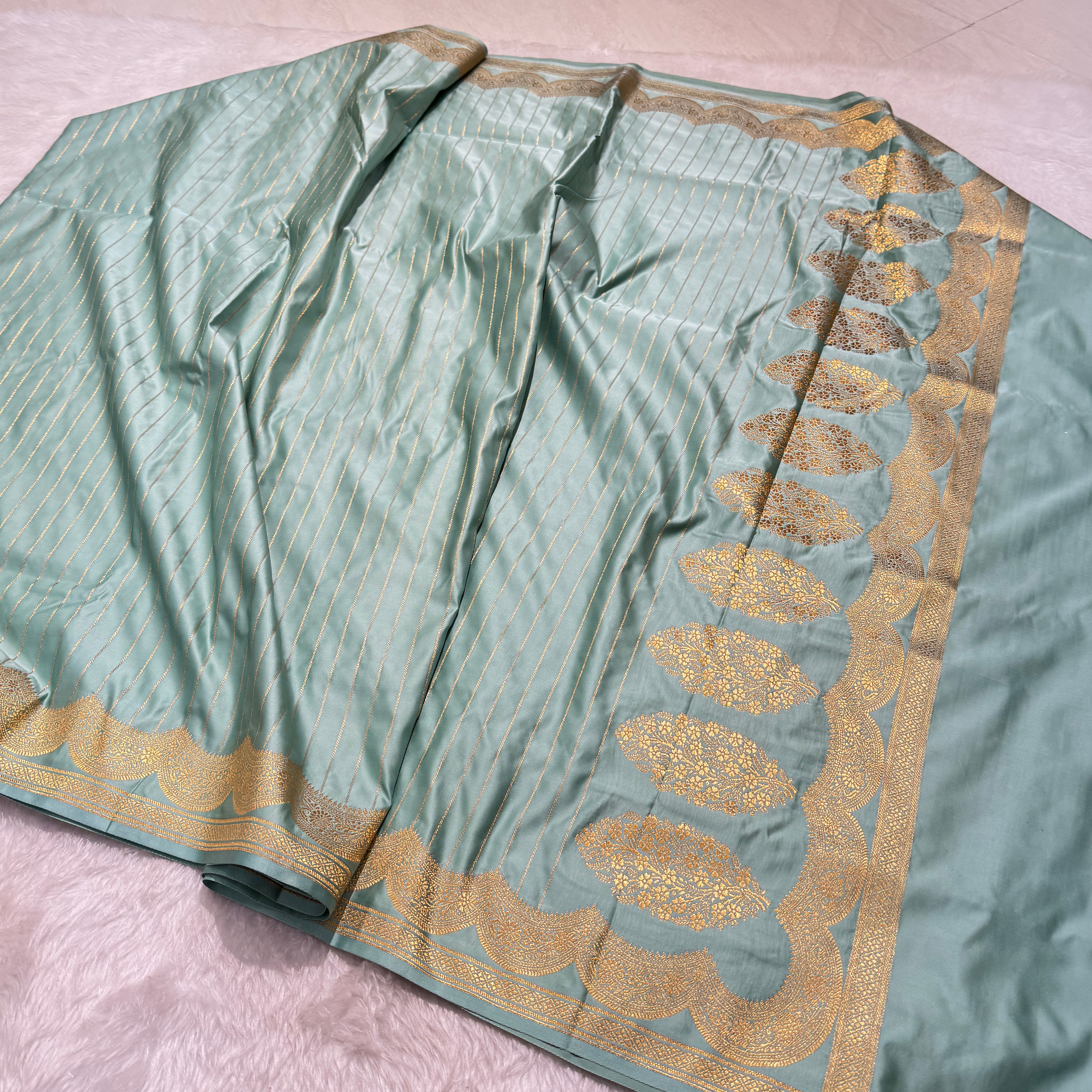 SeaGreen Scallop Strip Mashru Silk Banarasi Saree MSS