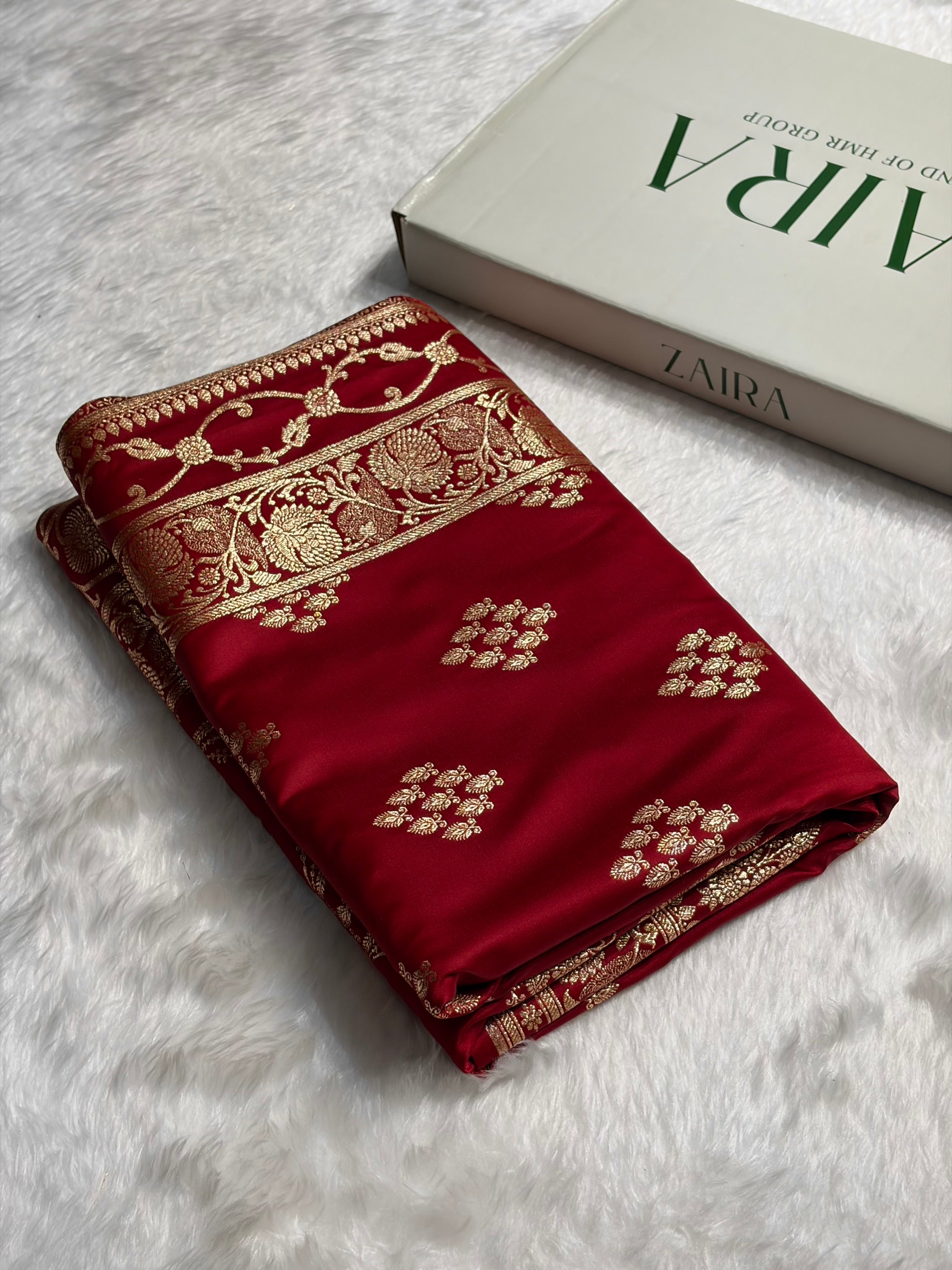 Red Floral Boota Satin Katan Silk saree SK34