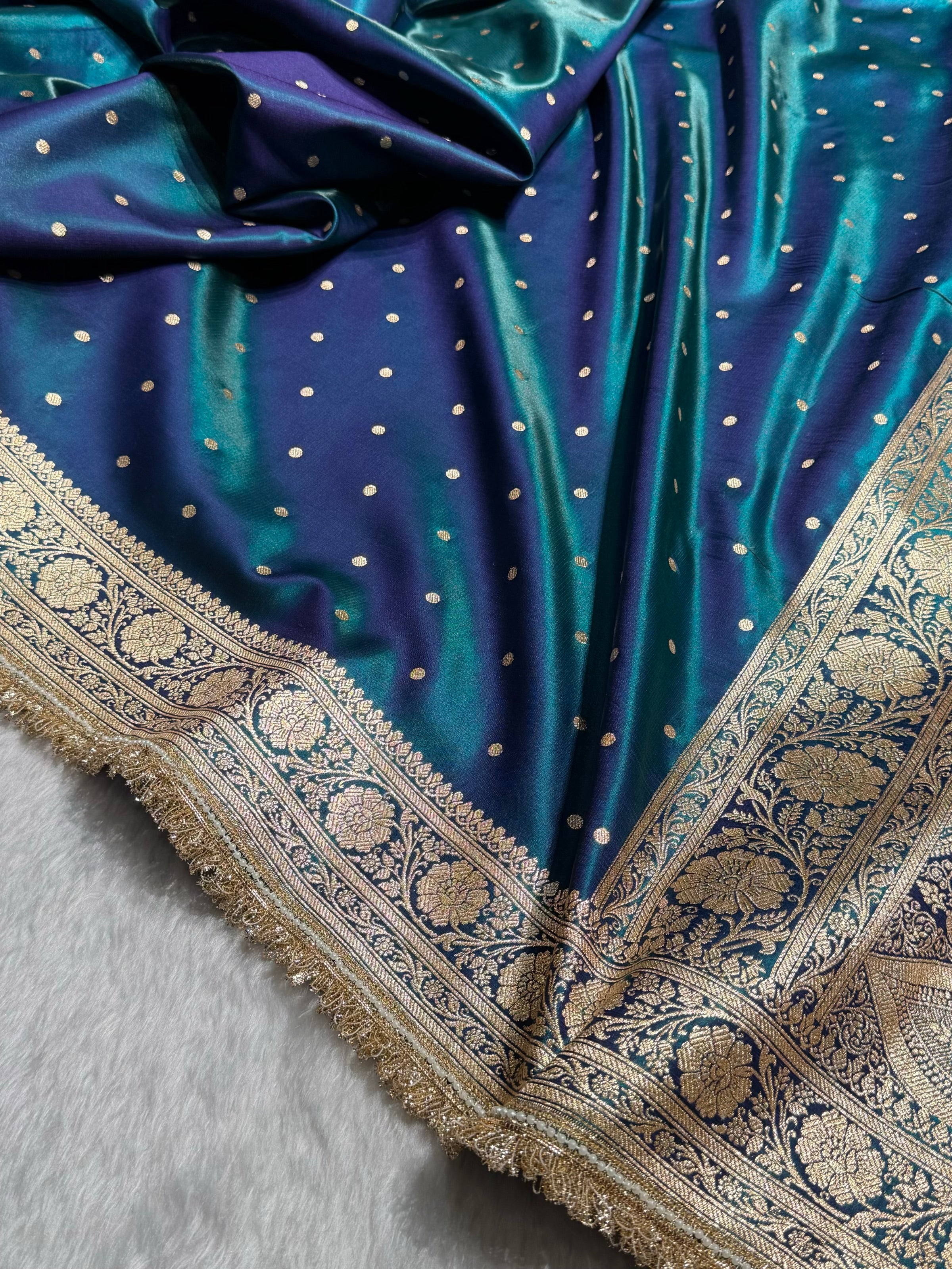 Satin Silk Dot Booti in Peacock Shades With Gotta Patti SSGP08