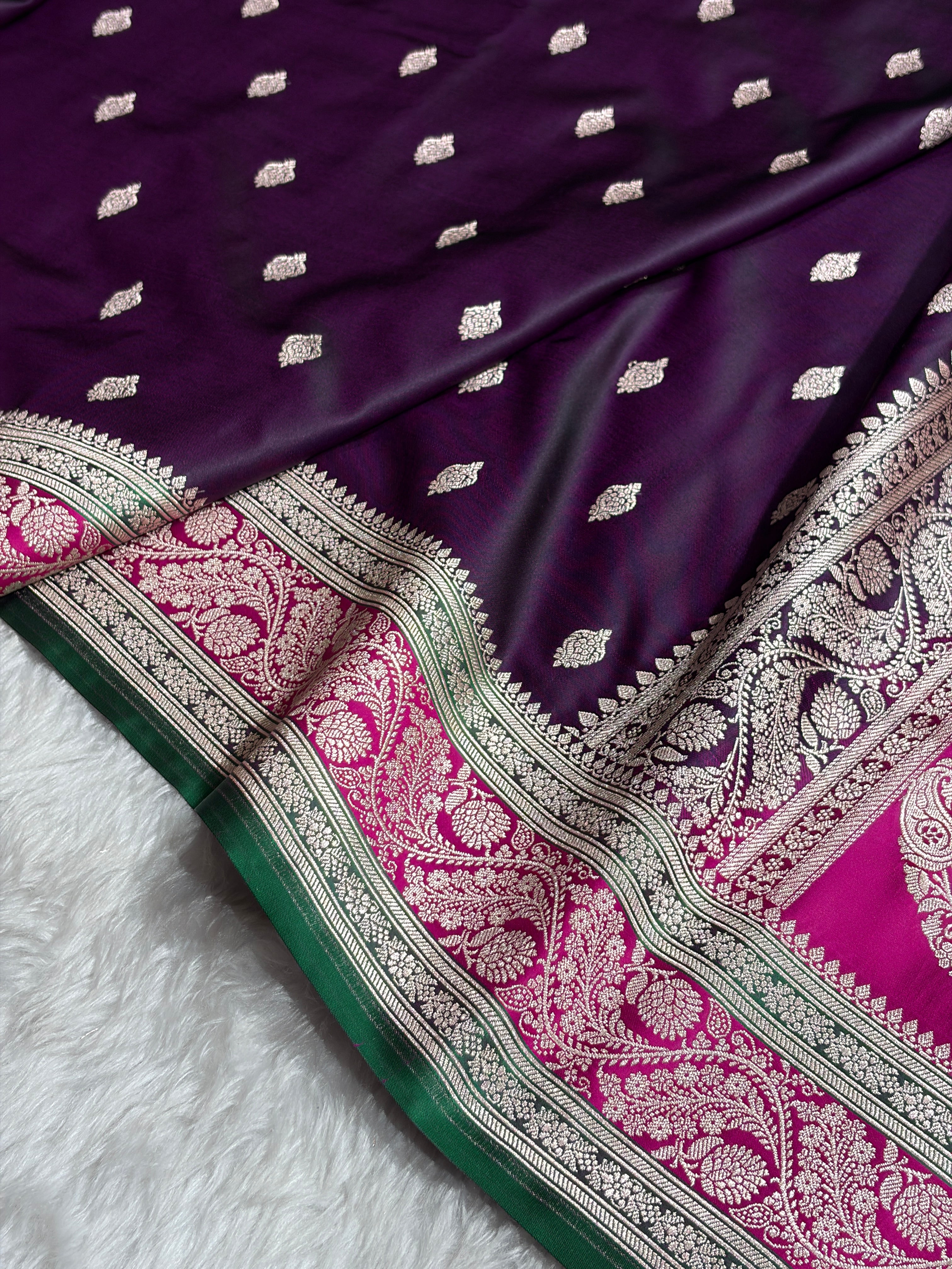Banarasi Cross Wine With Contrast Rani Floral Border Mashru Silk Saree MSM-101
