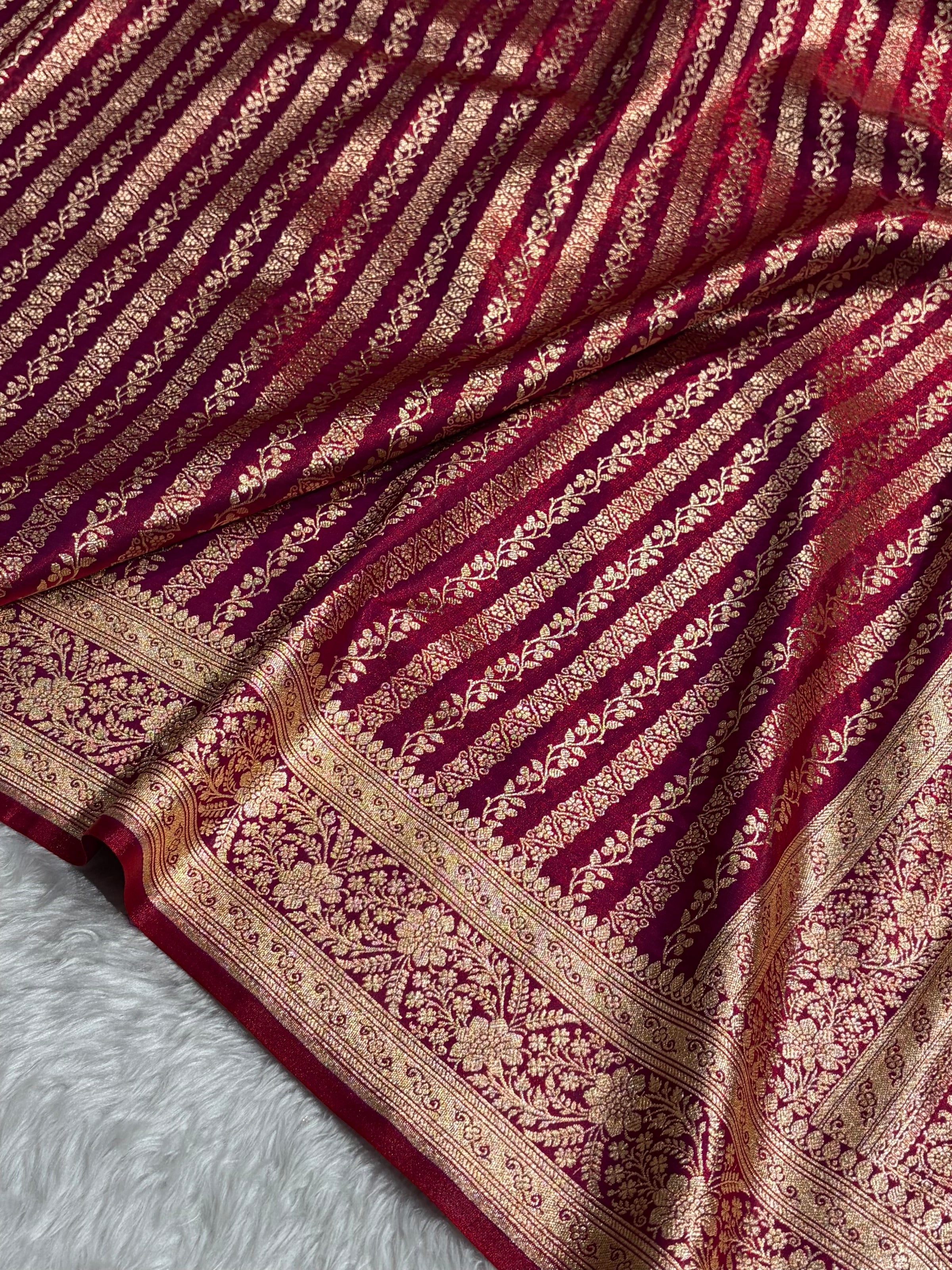 Reddish Magenta Shades Stripe Pattern Banarasi Satin Silk Saree SS46