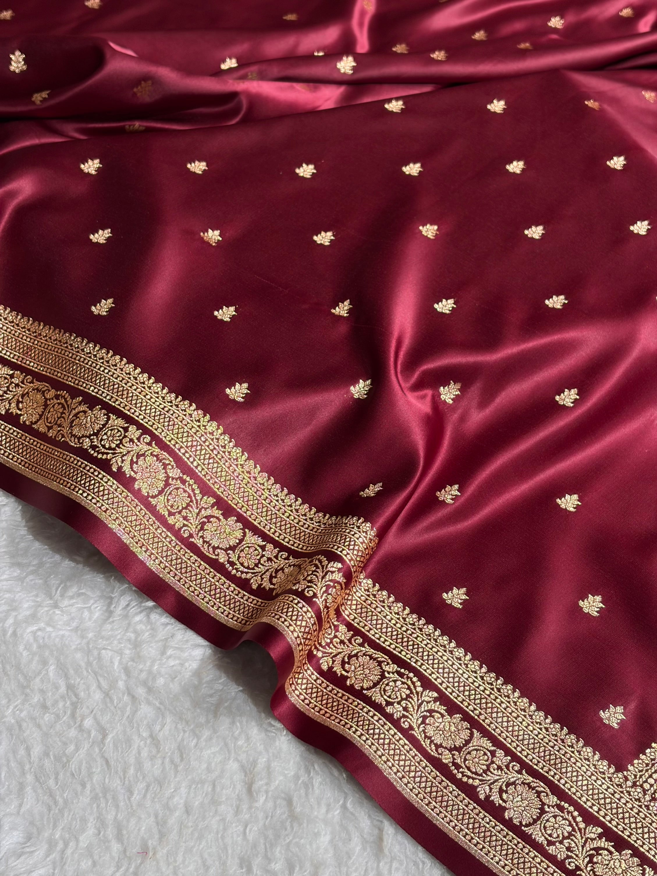 Banarasi Satin Katan Saree With Booti Pattern in Garnet Shades SK125