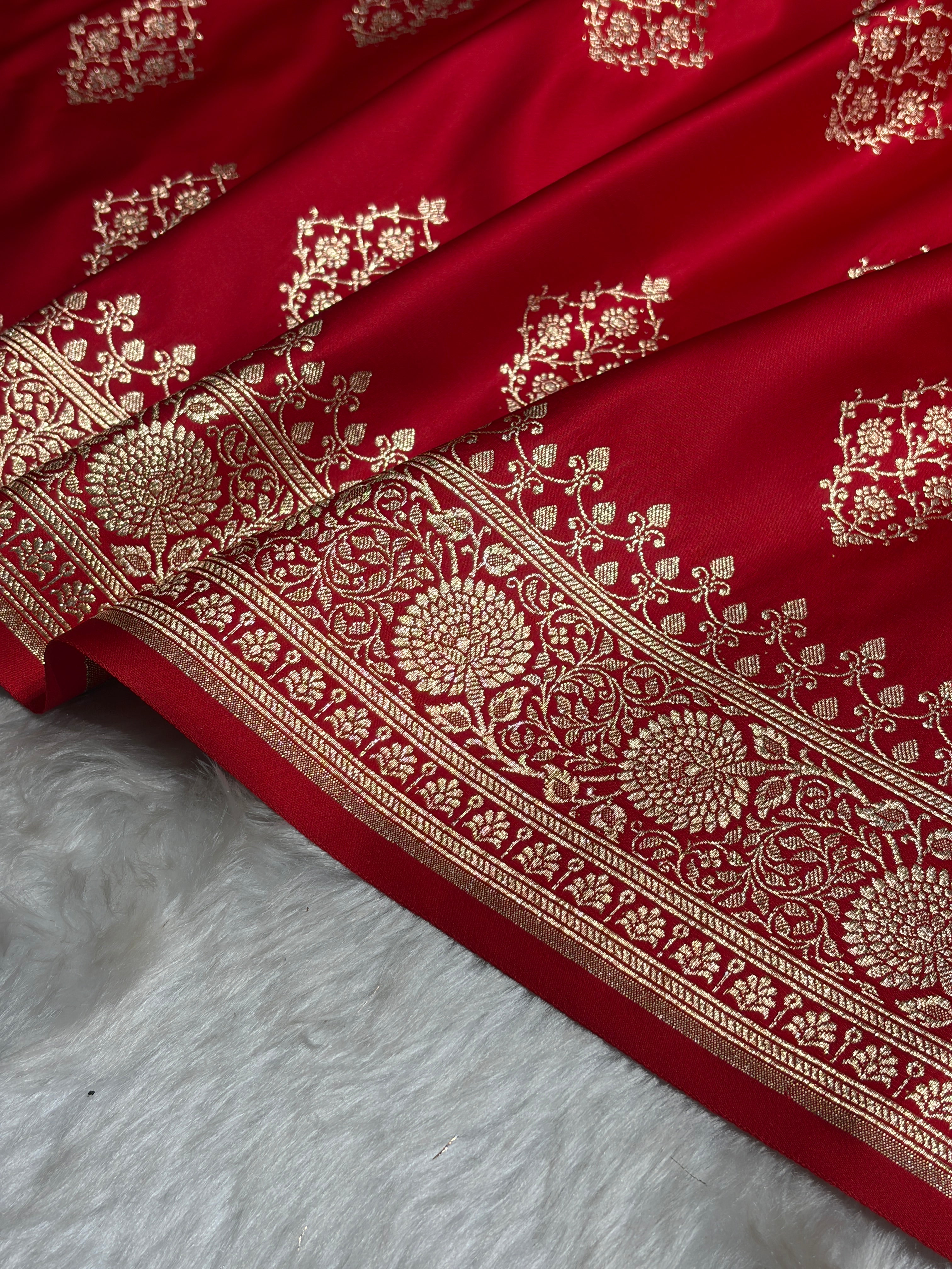 Red Floral Boota Satin Katan Silk saree SK35