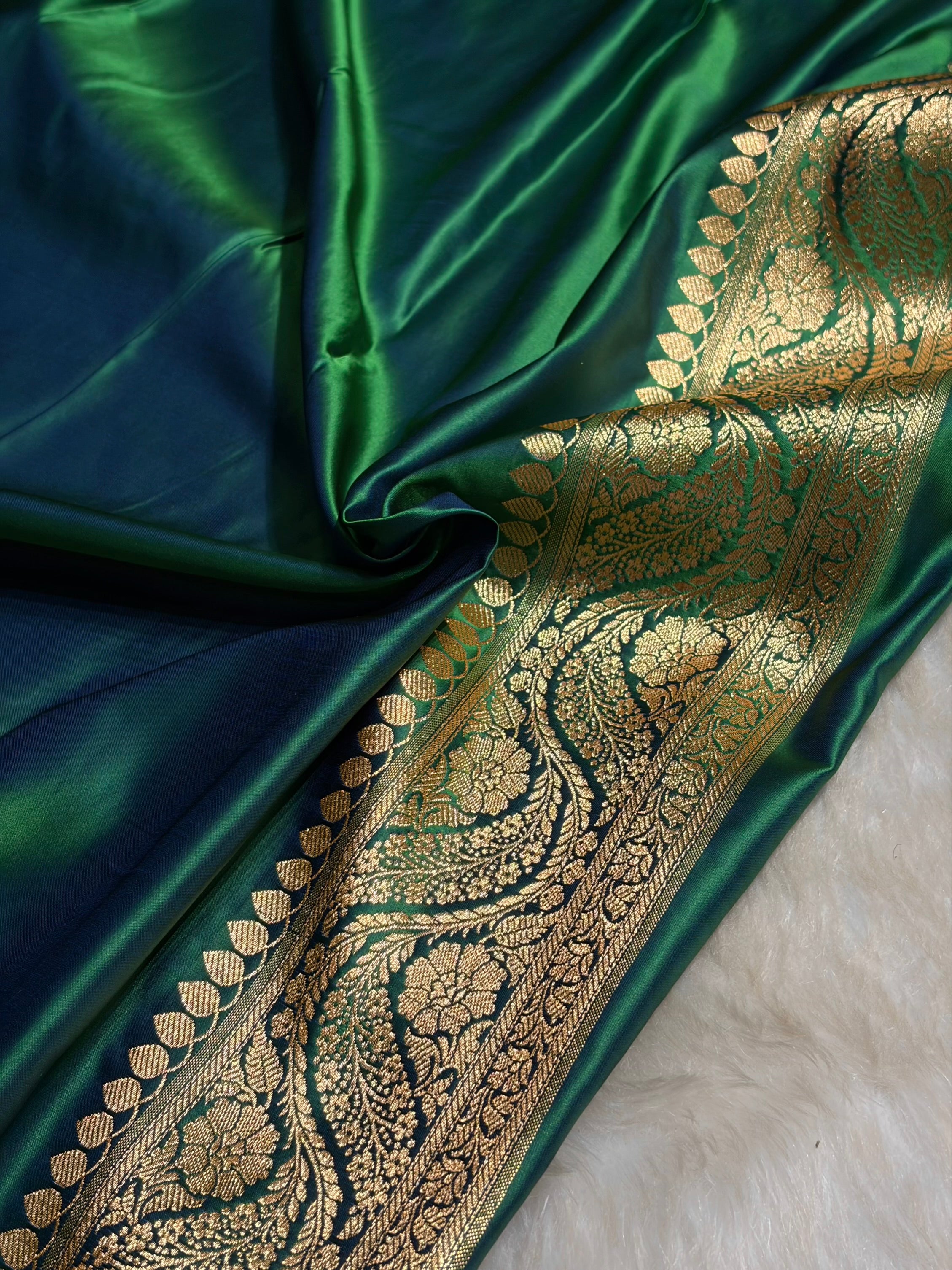 Green Cross with Boota Pattern Satin Katan Silk Saree SK67