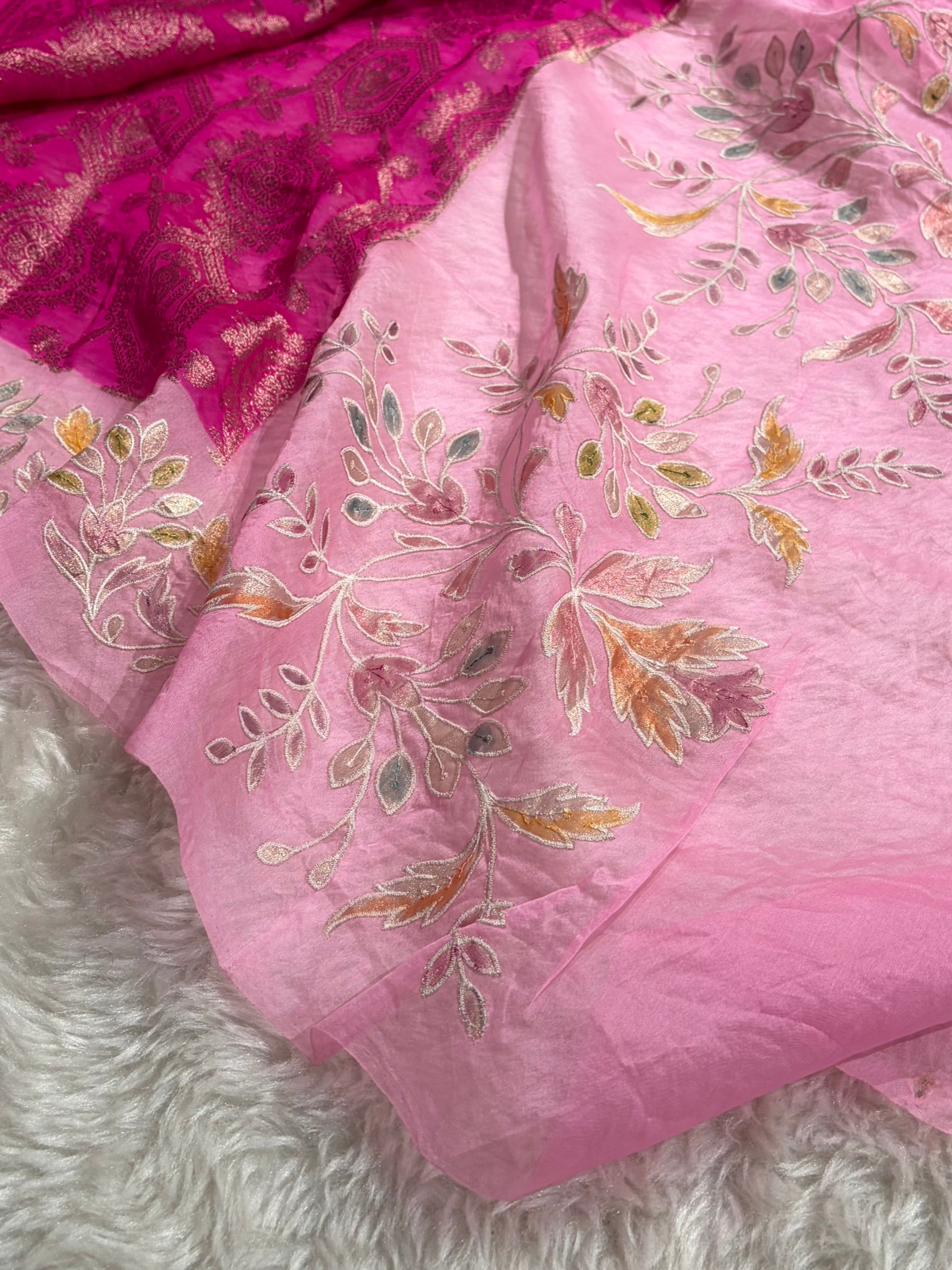 Banarasi Pure Organza Contrast Rani With Baby Pink Shades Banarasi Silk Saree PO-41