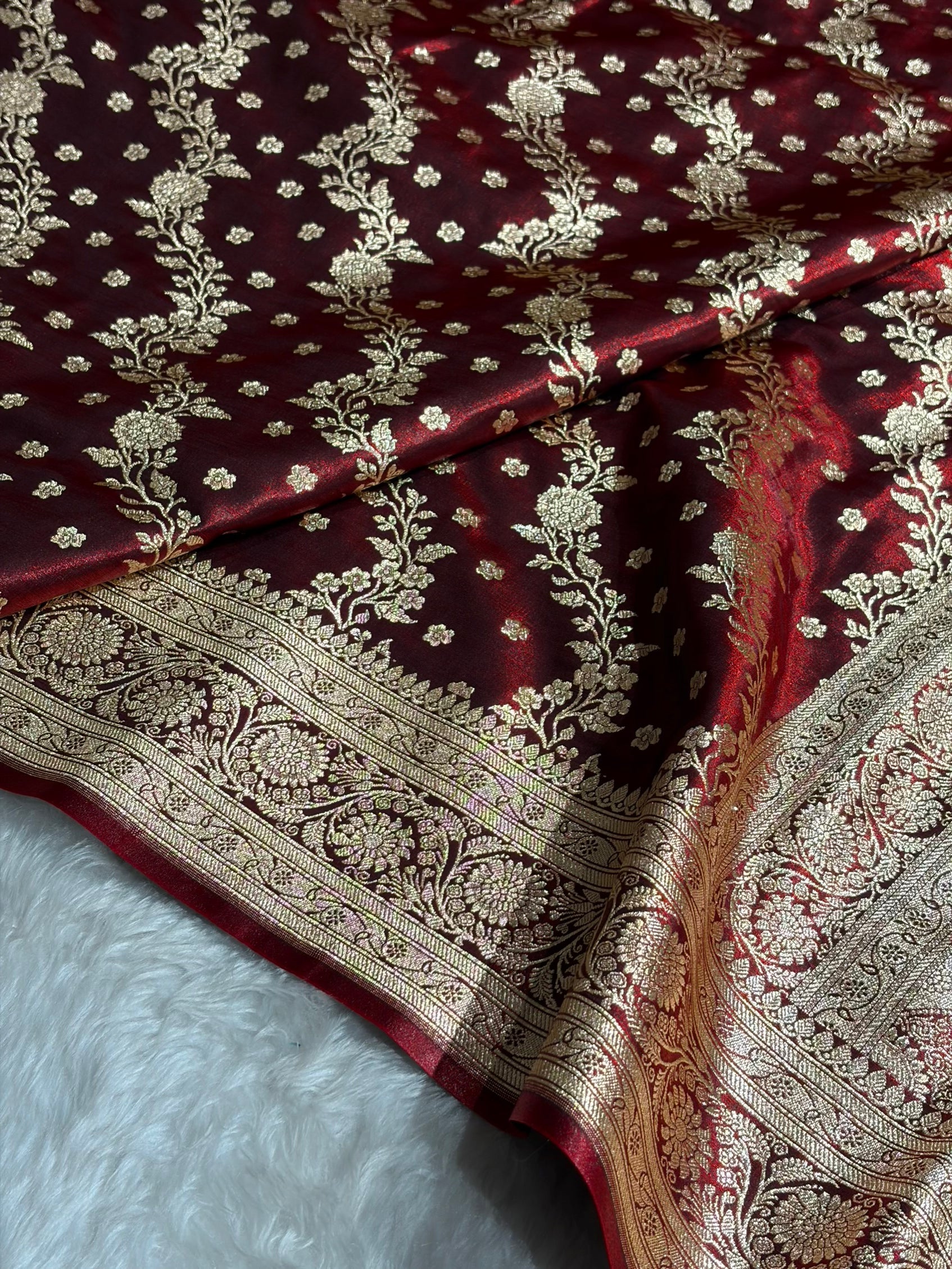 Satin Silk Saree Cross with Booti in Maroon Shades SS24