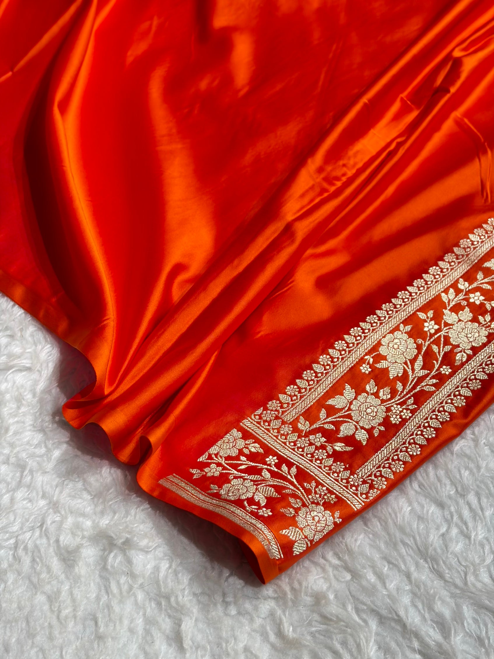 Premium Banarasi Satin Katan Saree With Minakari Boota in Cross Orange Shades SK112