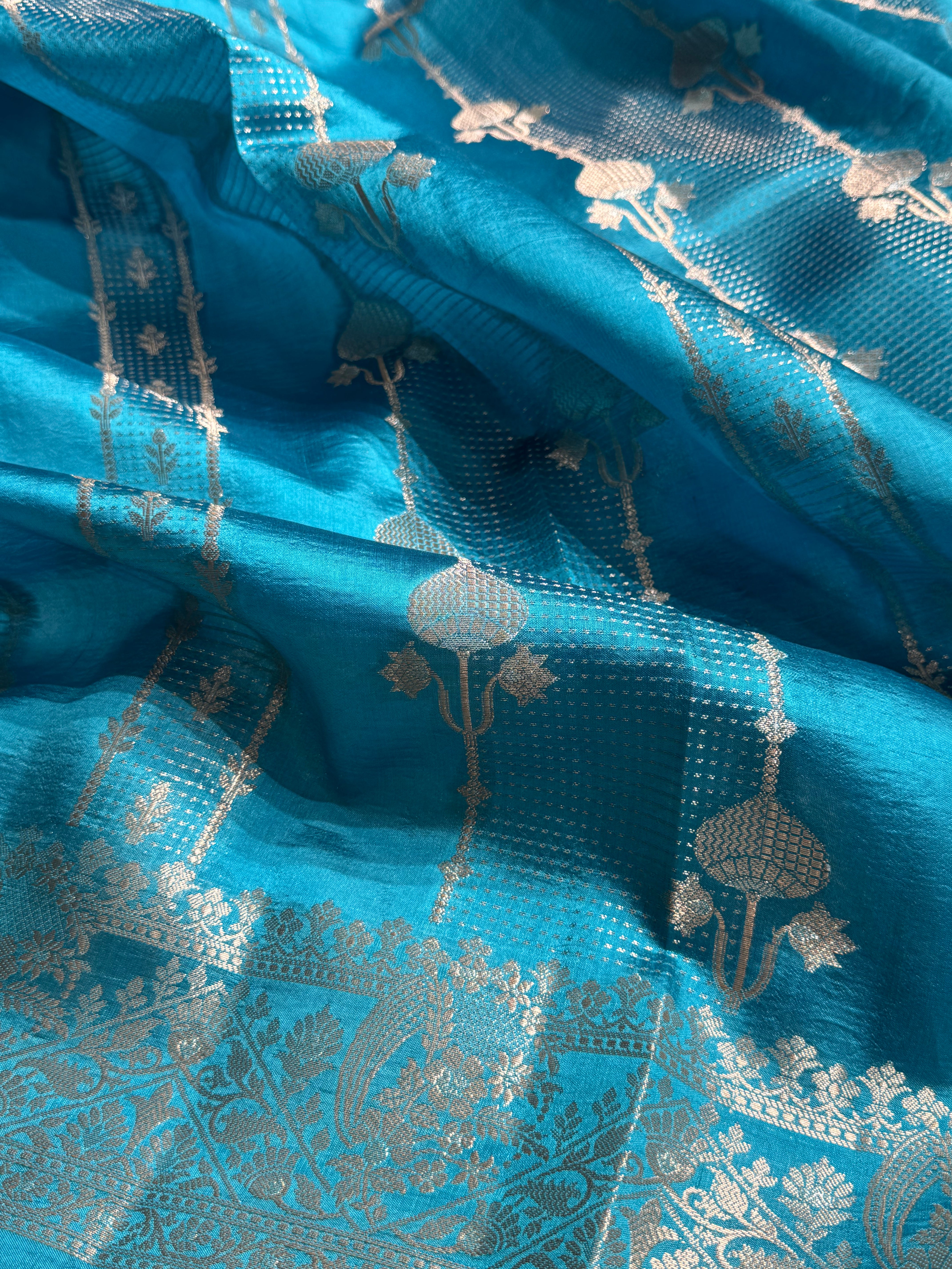 Dusty Blue Shades Floral Strip Booti Pure Caramel Mango Silk Saree