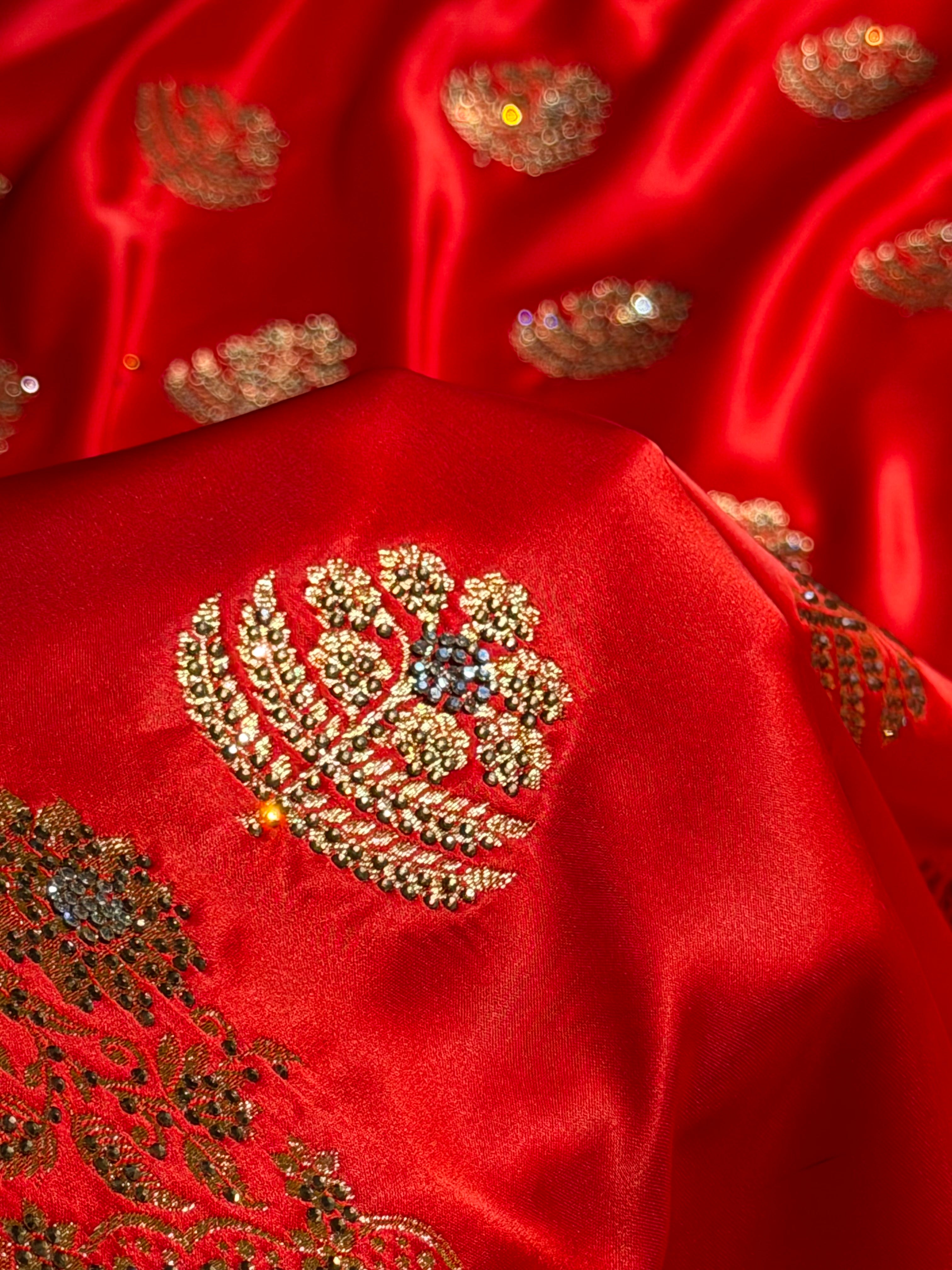 Bridal Red Unique Swarovski Stone Work Boota Pattern Satin Katan Silk Saree BSK70