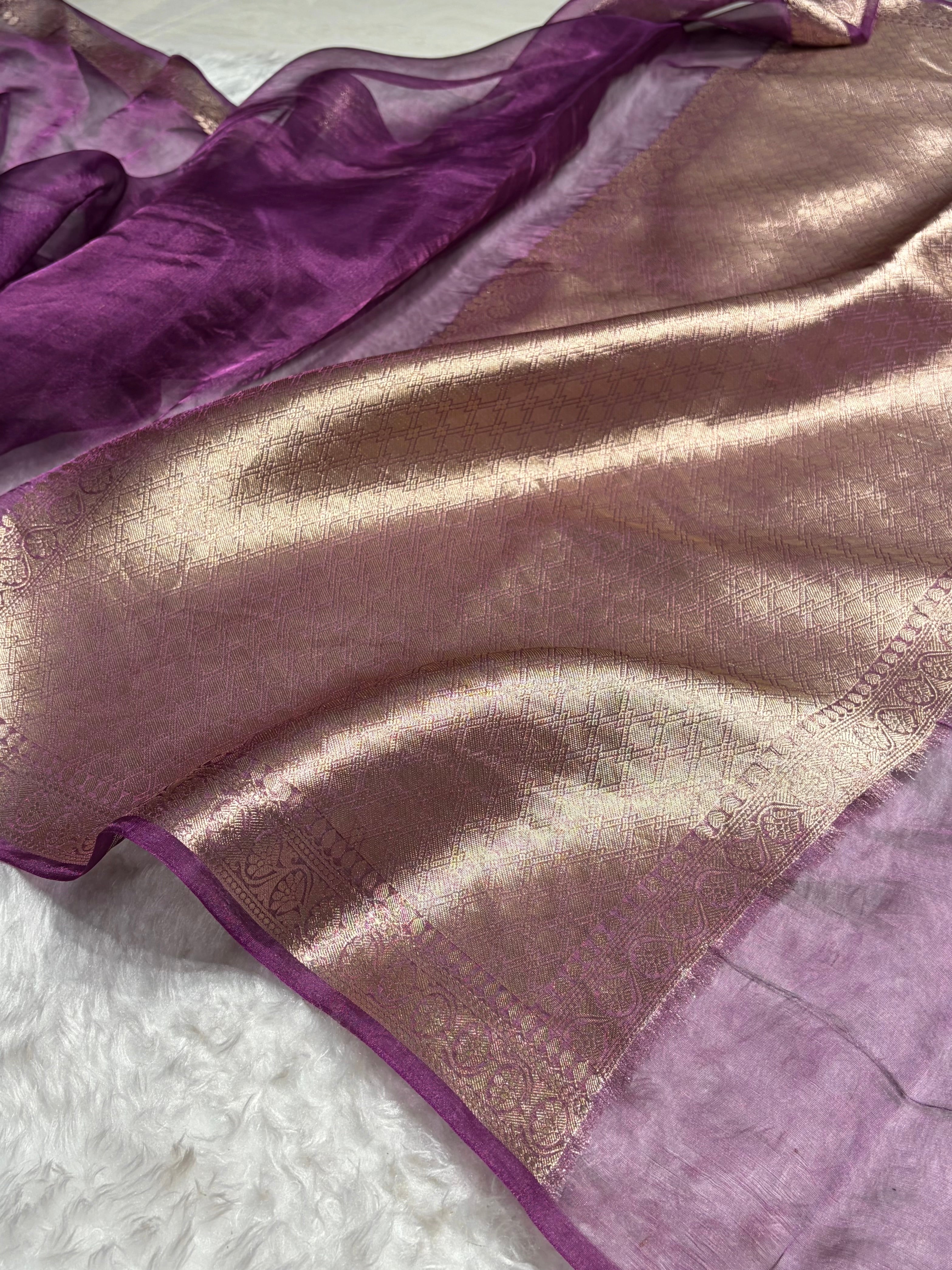 Purple Wine Shades Pure Tissue Silk Saree with Brocade Blouse PT-09
