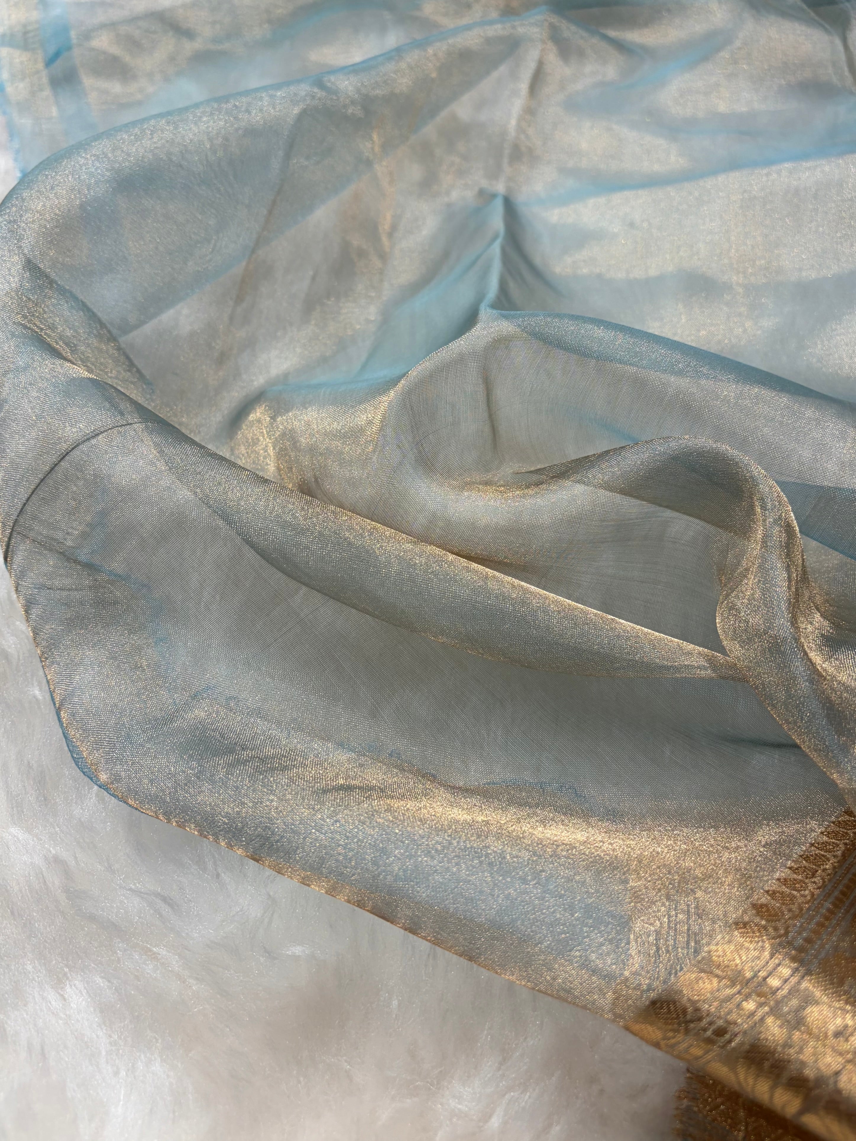 Sea Green Bananasi Floral Shades Pure Tissue Silk Saree PT-49