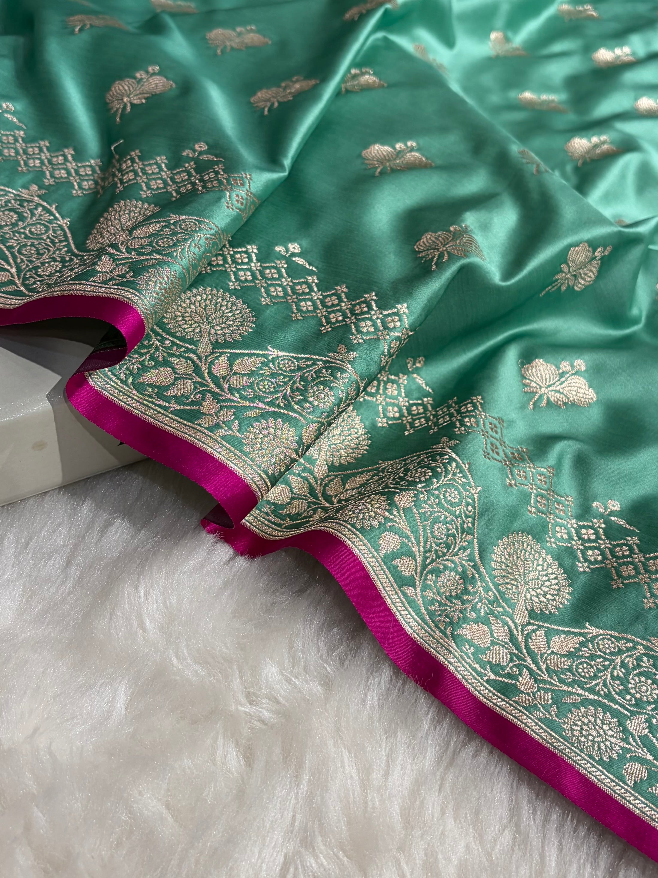 Sea Green Shades Banarasi Boota Pattern Floral Mashru Silk Saree MSM-115