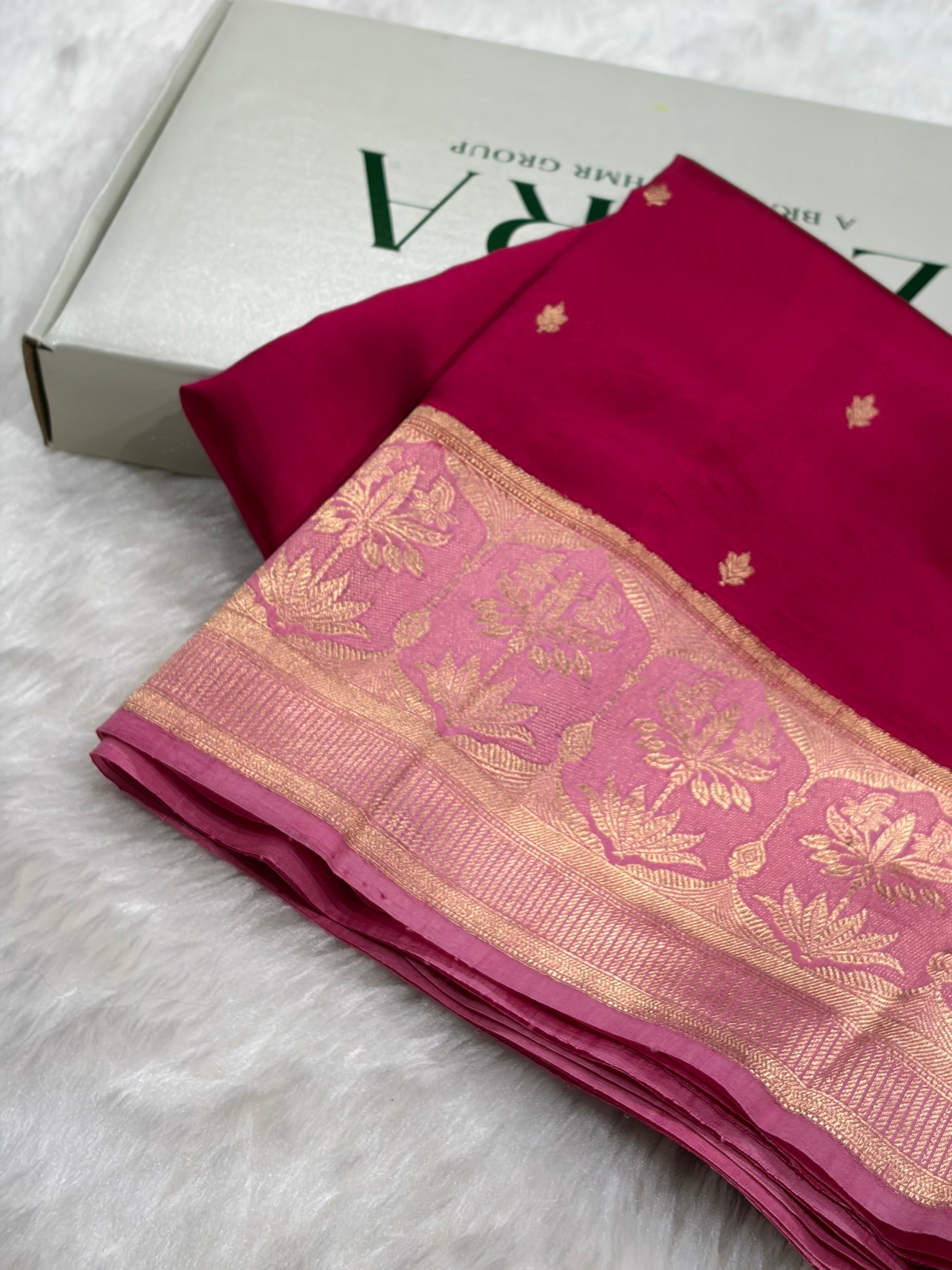 Banarasi Dark Rani With Baby Pink Contrast Shades Handwoven Pure Paper Silk Saree RM-89