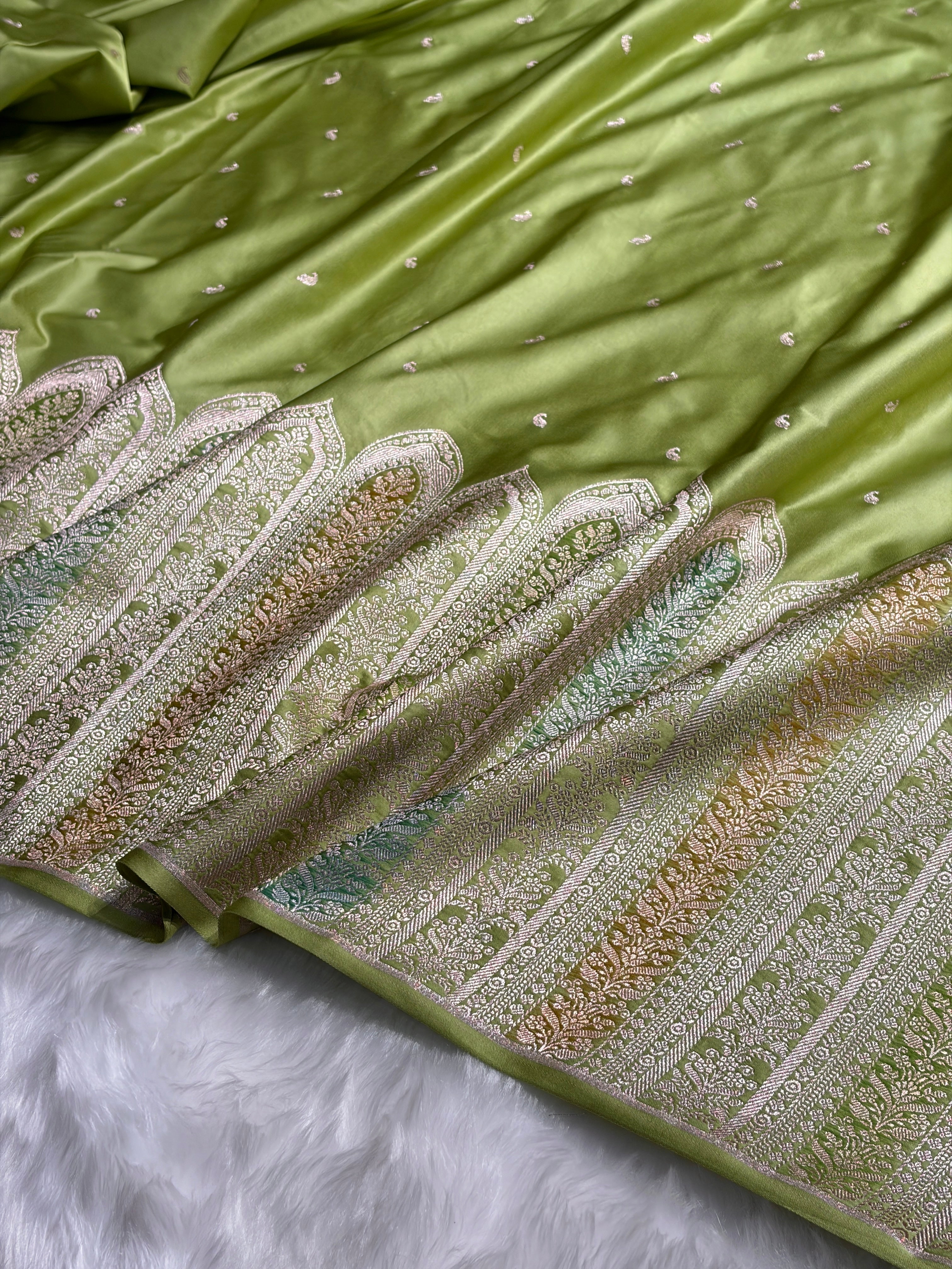 Skirt Border Pista Green Minakari Mashru Silk Saree MS13