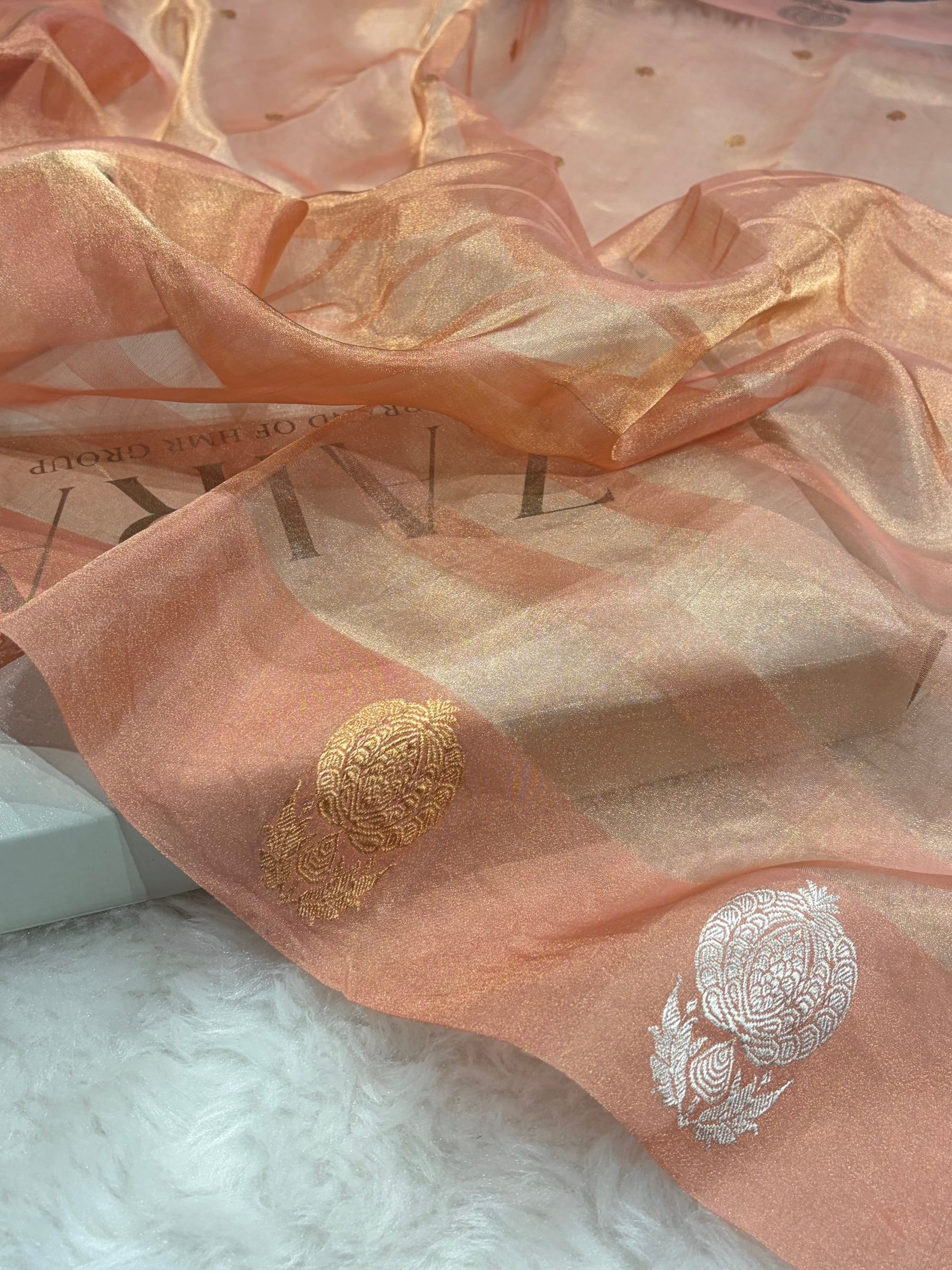 Light Peach Bananasi Floral Shades Pure Tissue Silk Saree PT-55