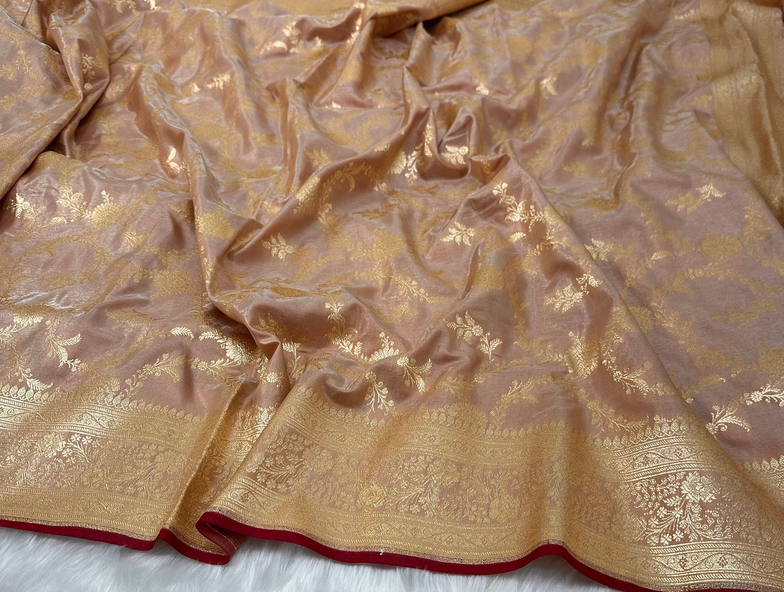 Dusty Peach Shades Satin Silk Jaal Pattern Banarasi Saree
