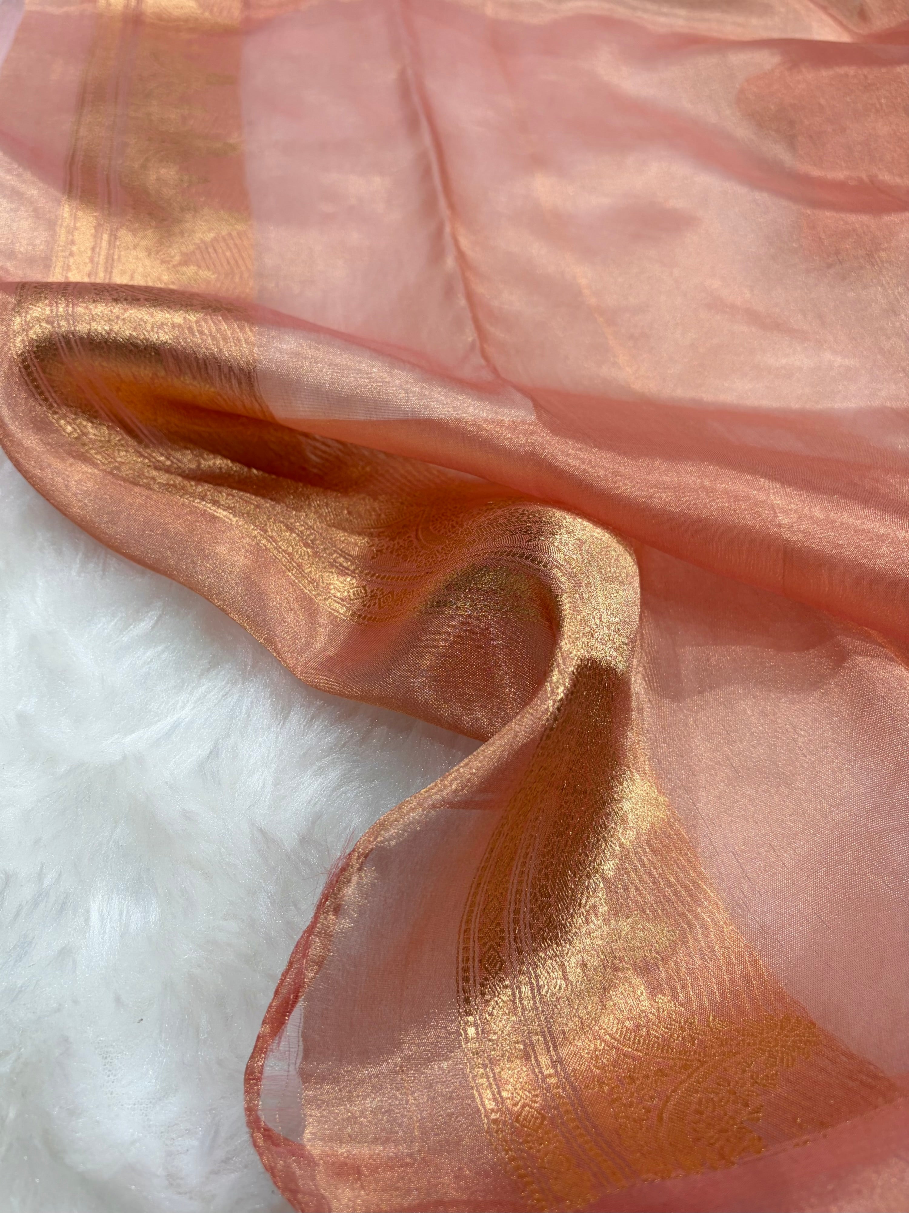 Peach Bananasi Floral Shades Pure Tissue Silk Saree PT-48