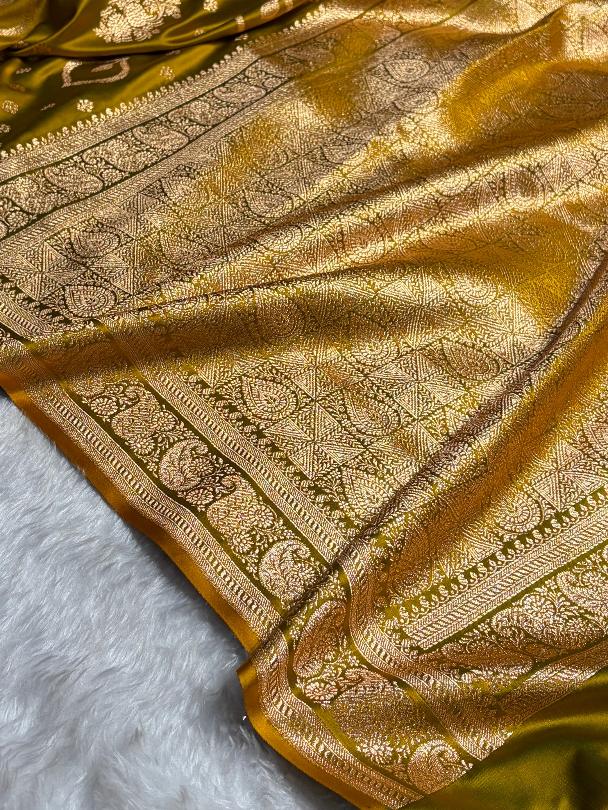 Banarasi Satin Katan Saree With Unique Boota in Liril Mehendi Shades SK92